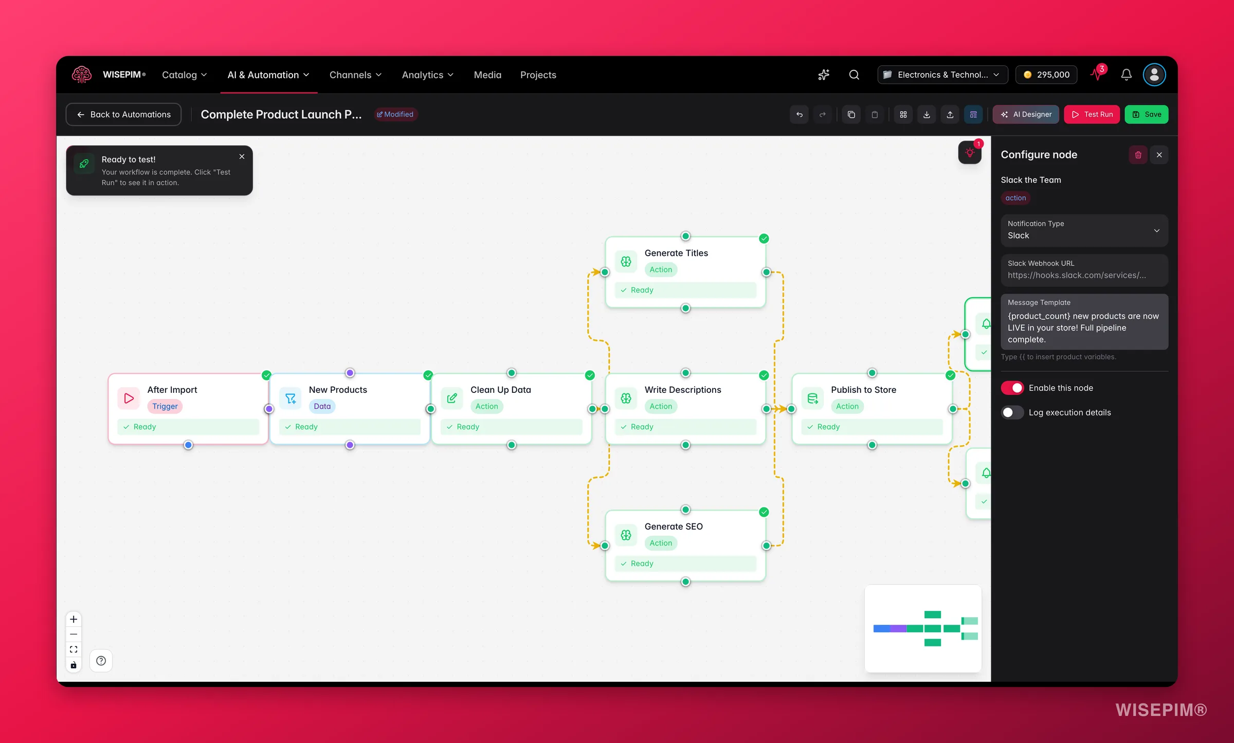 WISEPIM automation - notification node config (channel + message template) in the builder
