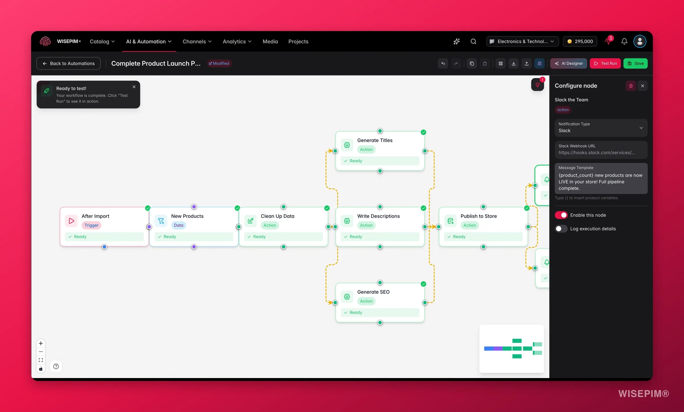 WISEPIM automation - notification node config (channel + message template) in the builder