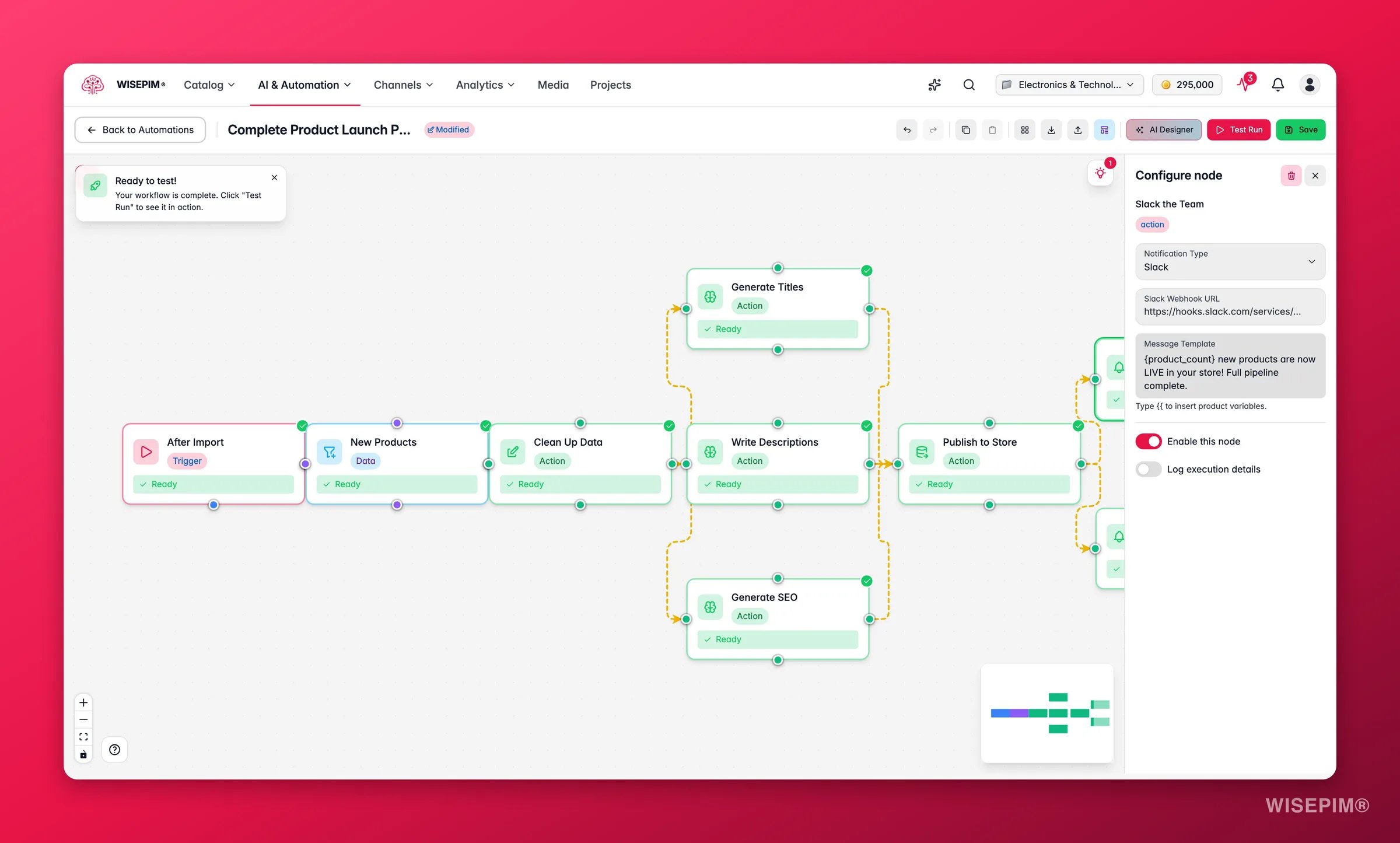 WISEPIM automation - notification node config (channel + message template) in the builder