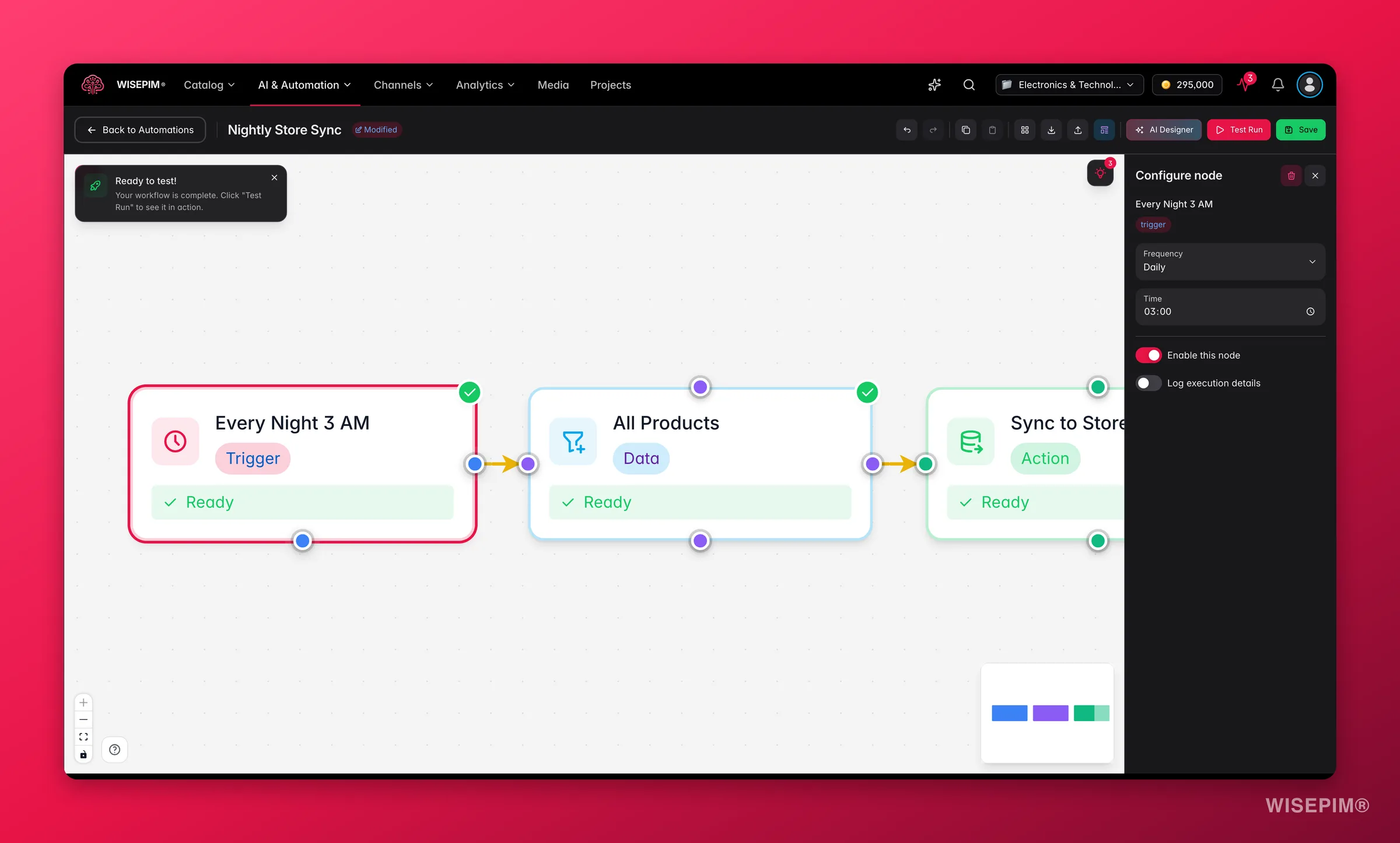 WISEPIM automation, schedule trigger node config (frequency + time) in the builder