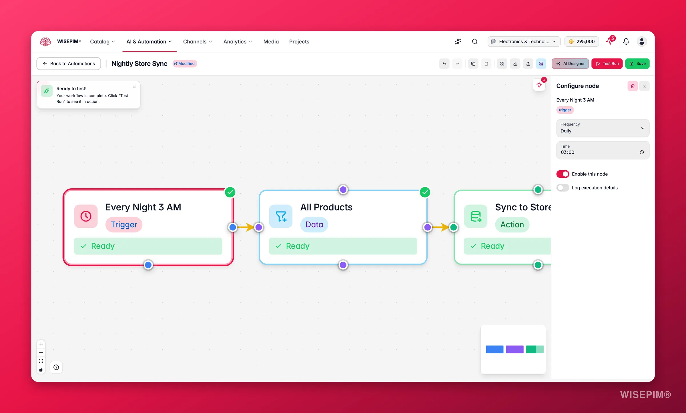WISEPIM automation, schedule trigger node config (frequency + time) in the builder