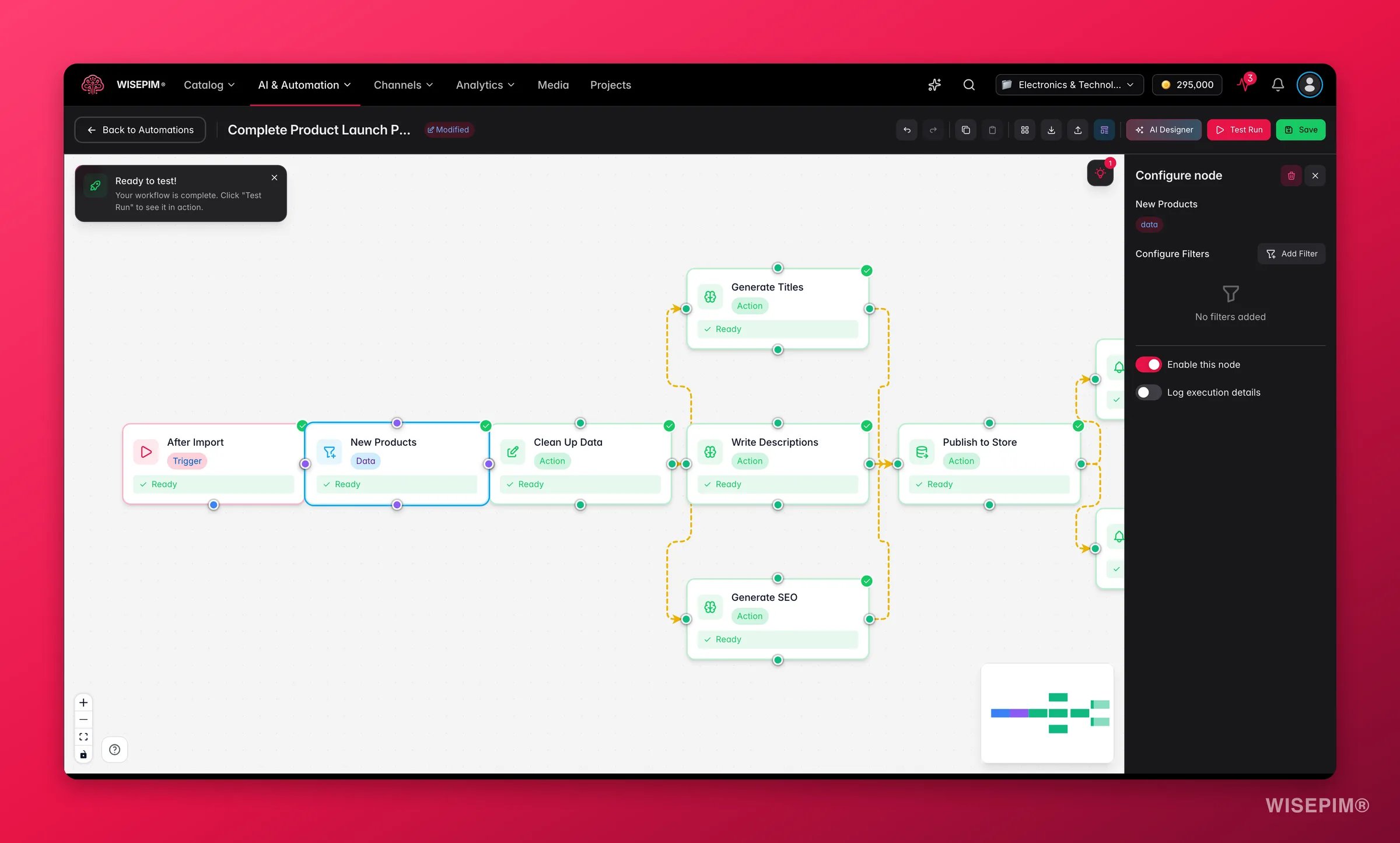 WISEPIM automation, select-products data node config (filter conditions) in the builder