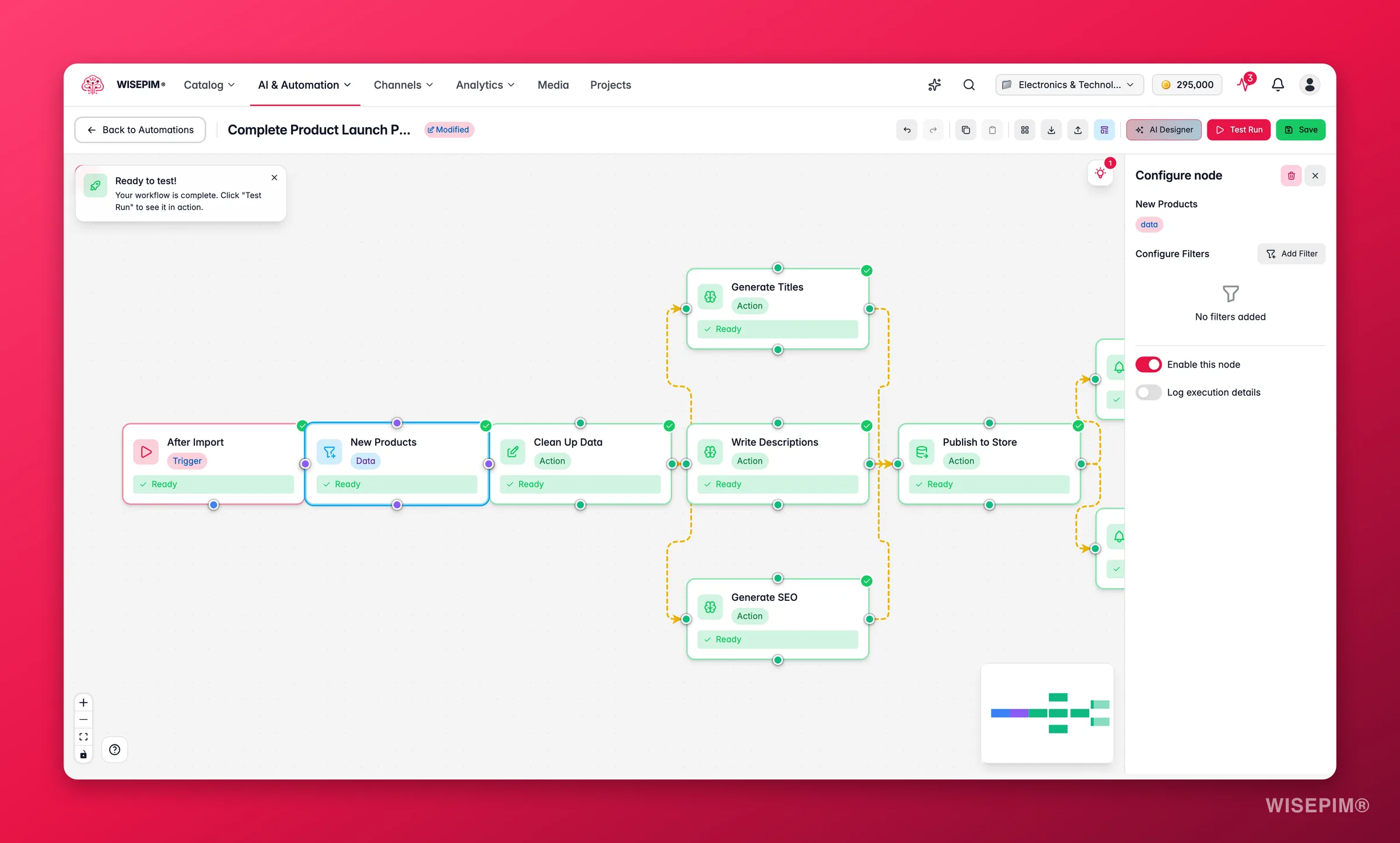 WISEPIM automation, select-products data node config (filter conditions) in the builder
