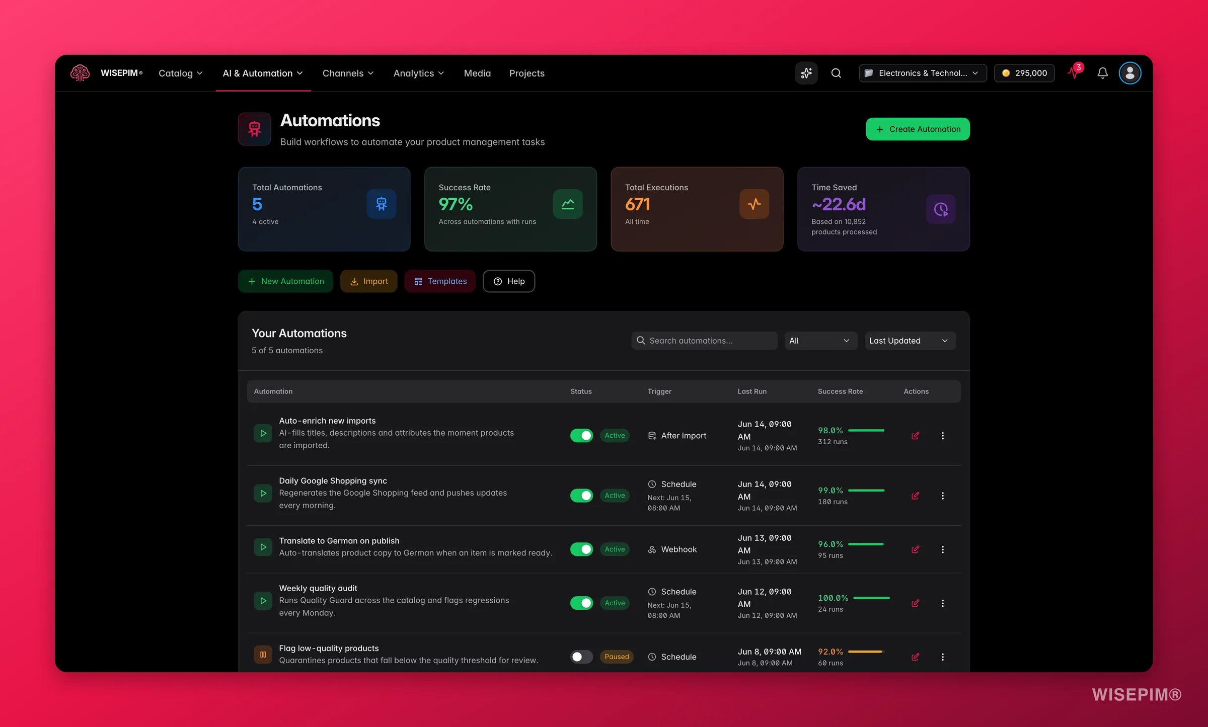 WISEPIM automations list with triggers, run counts and status