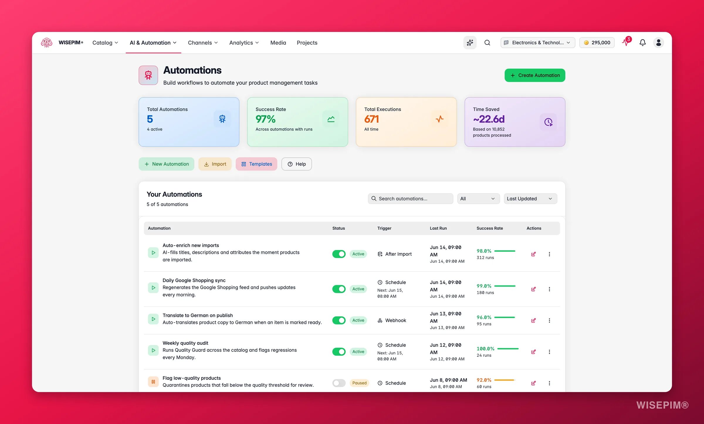 WISEPIM automations list with triggers, run counts and status
