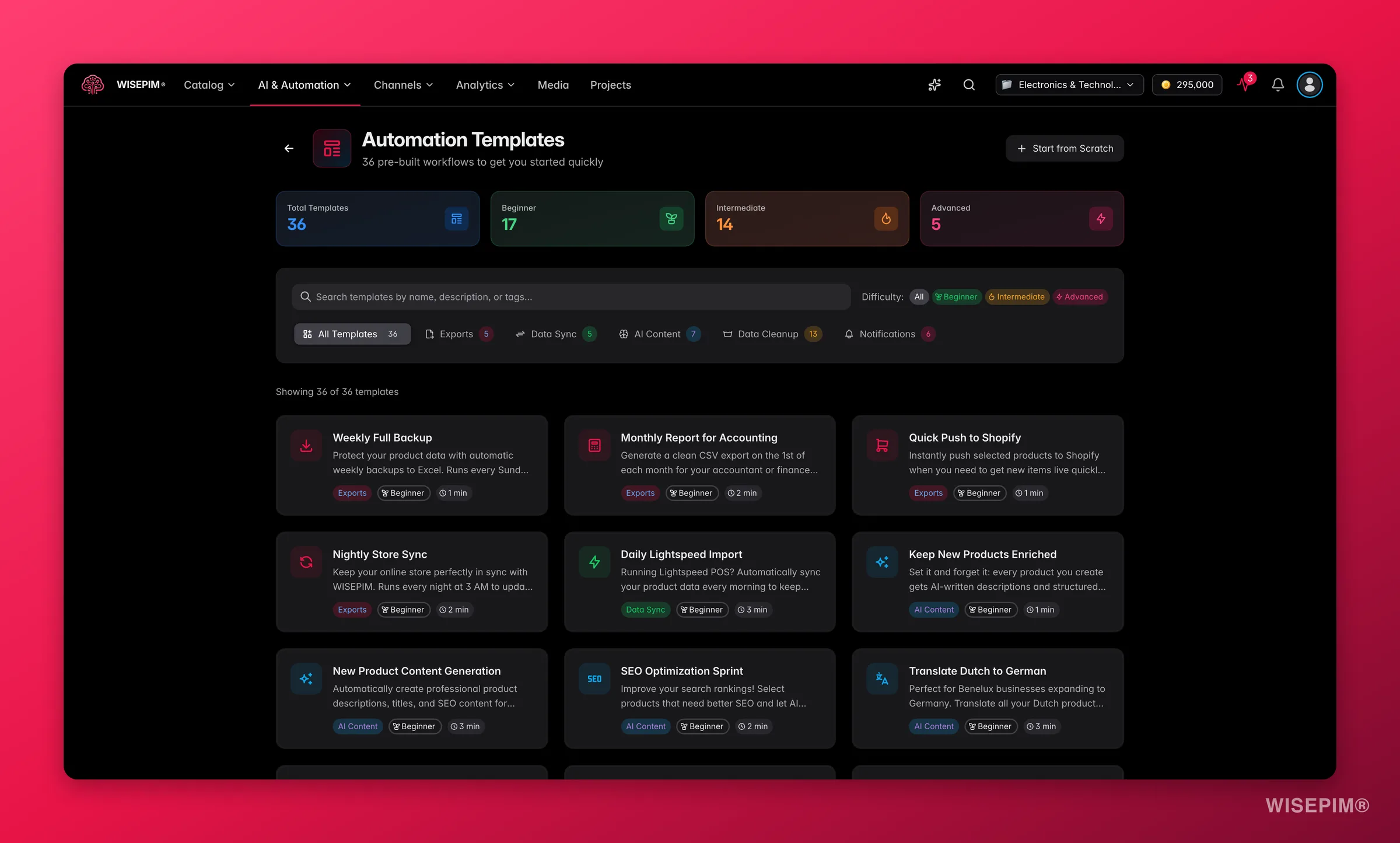 WISEPIM automation template gallery with ready-made workflows