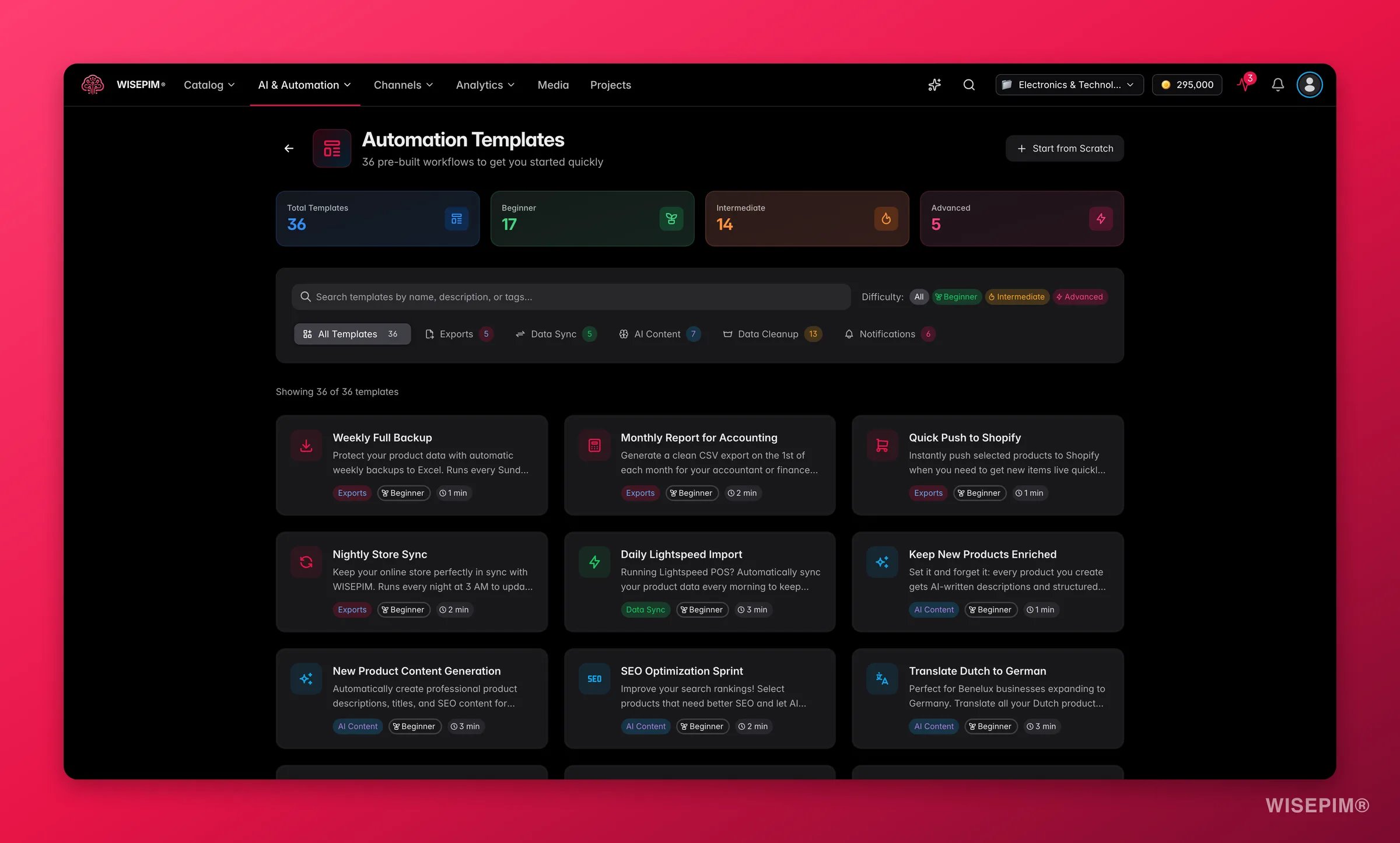 WISEPIM automation template gallery with ready-made workflows