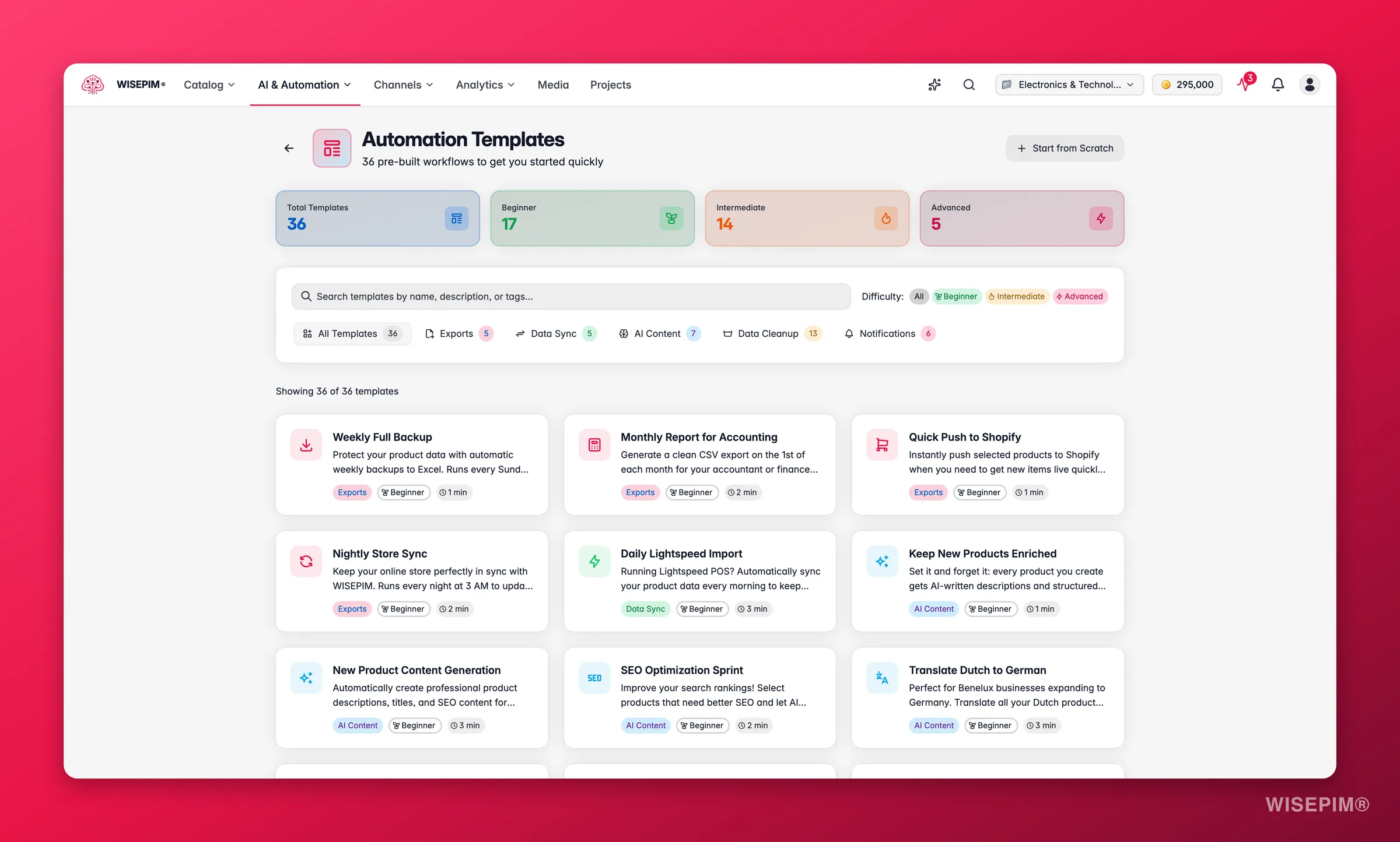 WISEPIM automation template gallery with ready-made workflows