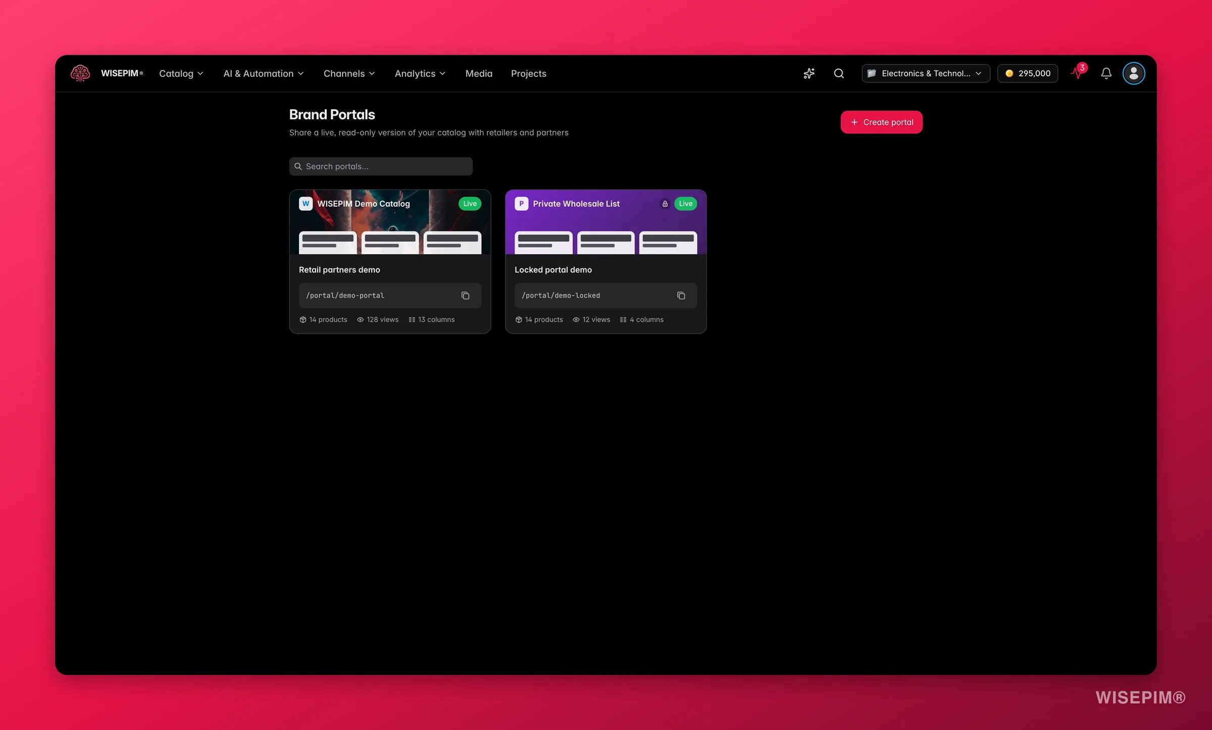 WISEPIM Brand Portals mit teilbaren schreibgeschützten Katalog-Links und Live-Aufrufzahlen
