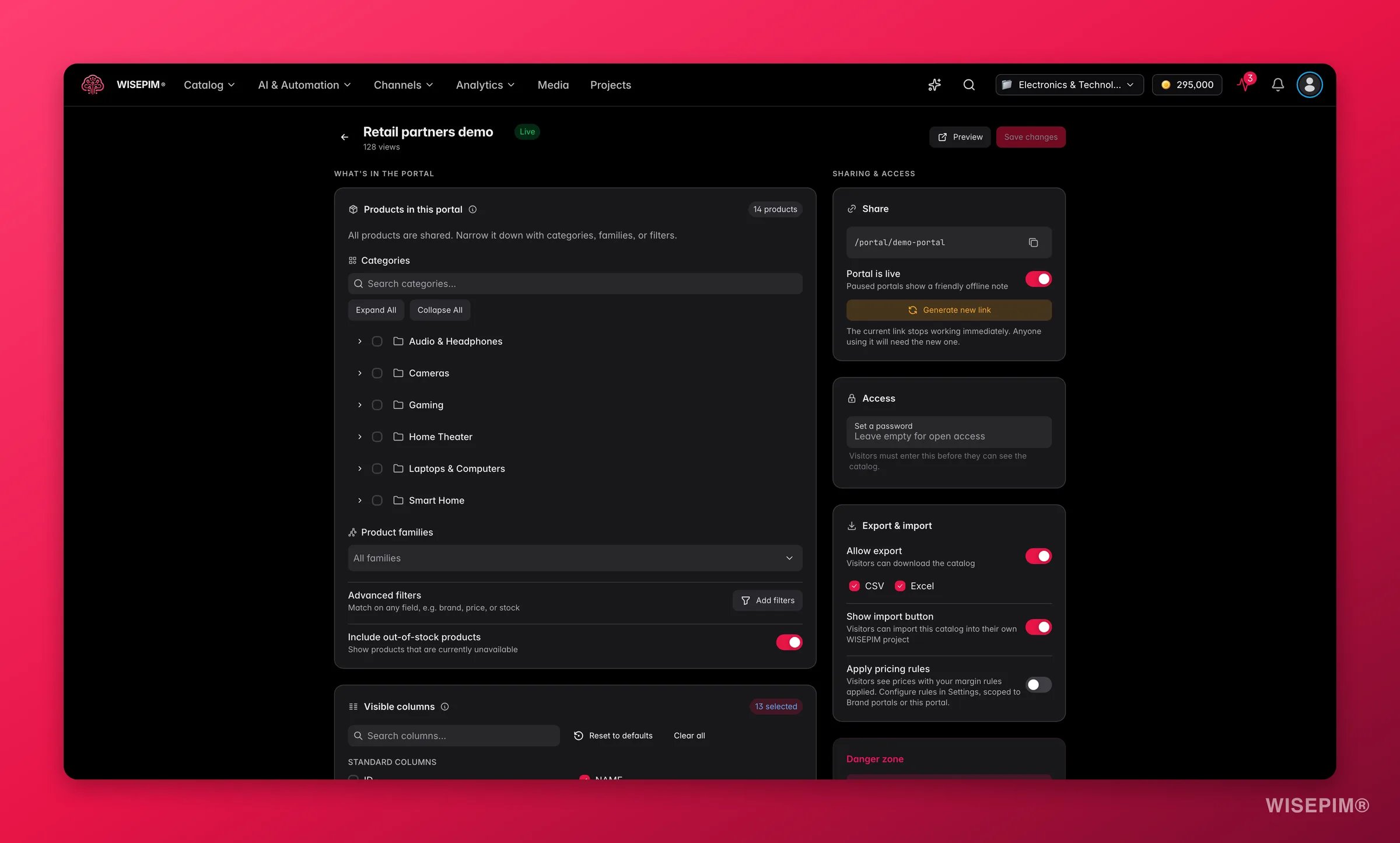 WISEPIM Brand Portal-Editor mit Produktumfang, Spalten-Whitelist, Zugriff und Branding-Bereichen