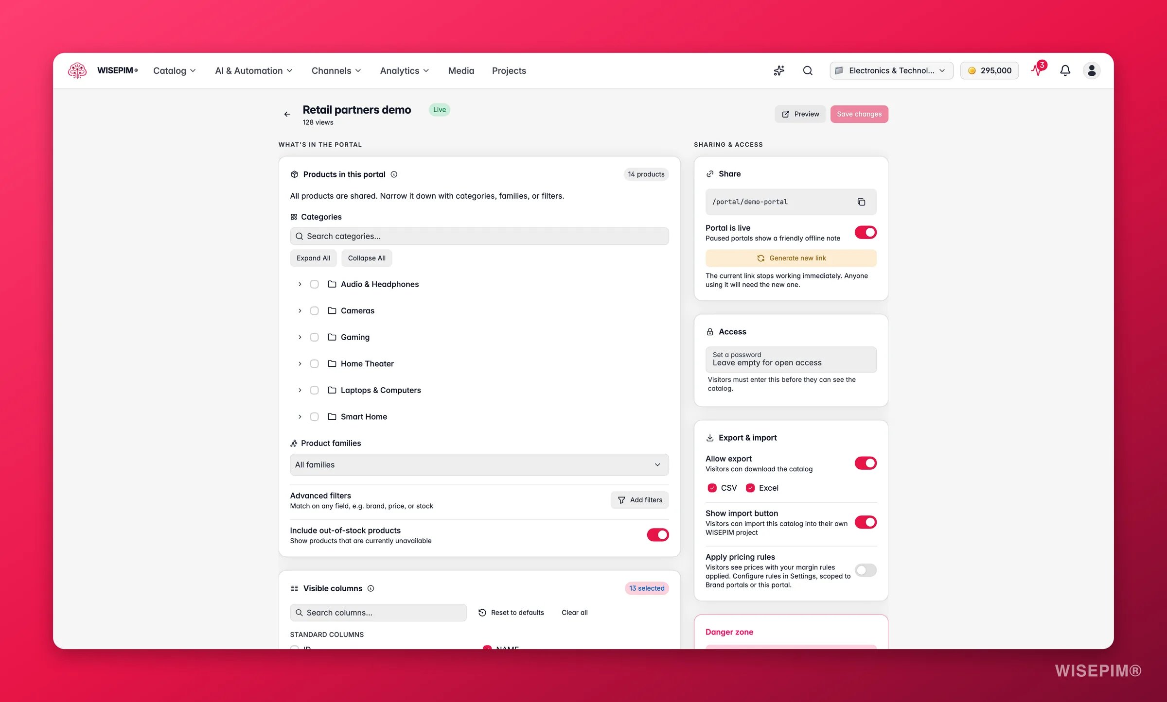 WISEPIM Brand Portal-Editor mit Produktumfang, Spalten-Whitelist, Zugriff und Branding-Bereichen