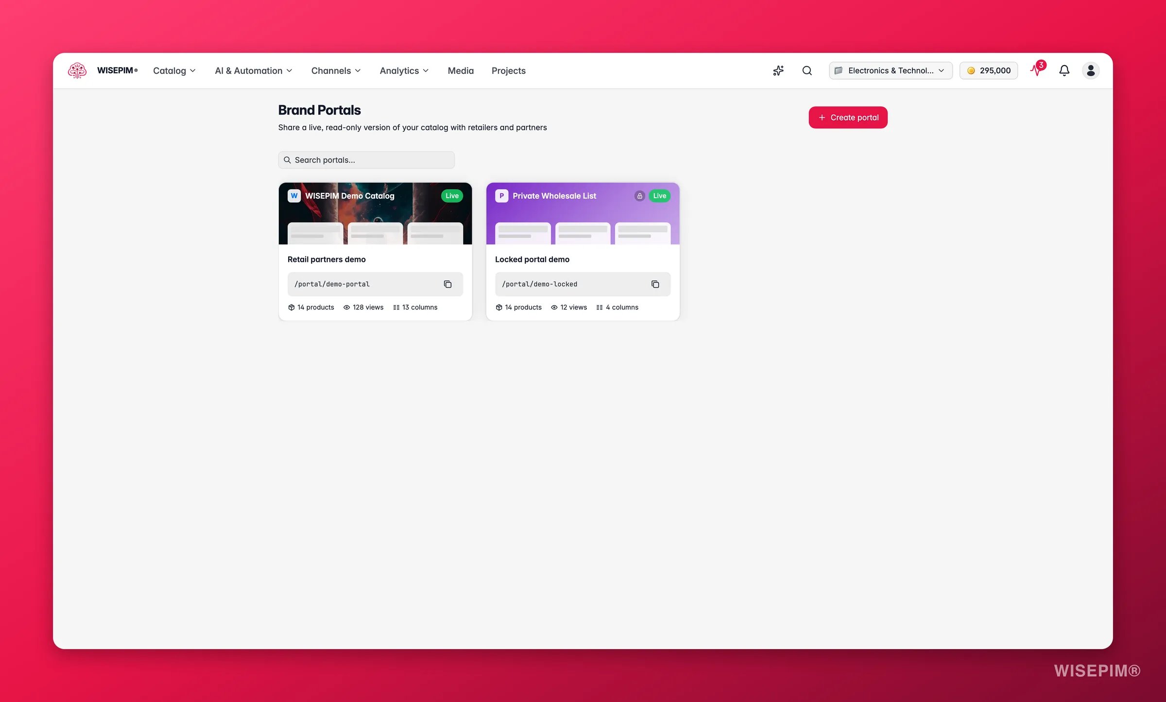 WISEPIM Brand Portals mit teilbaren schreibgeschützten Katalog-Links und Live-Aufrufzahlen