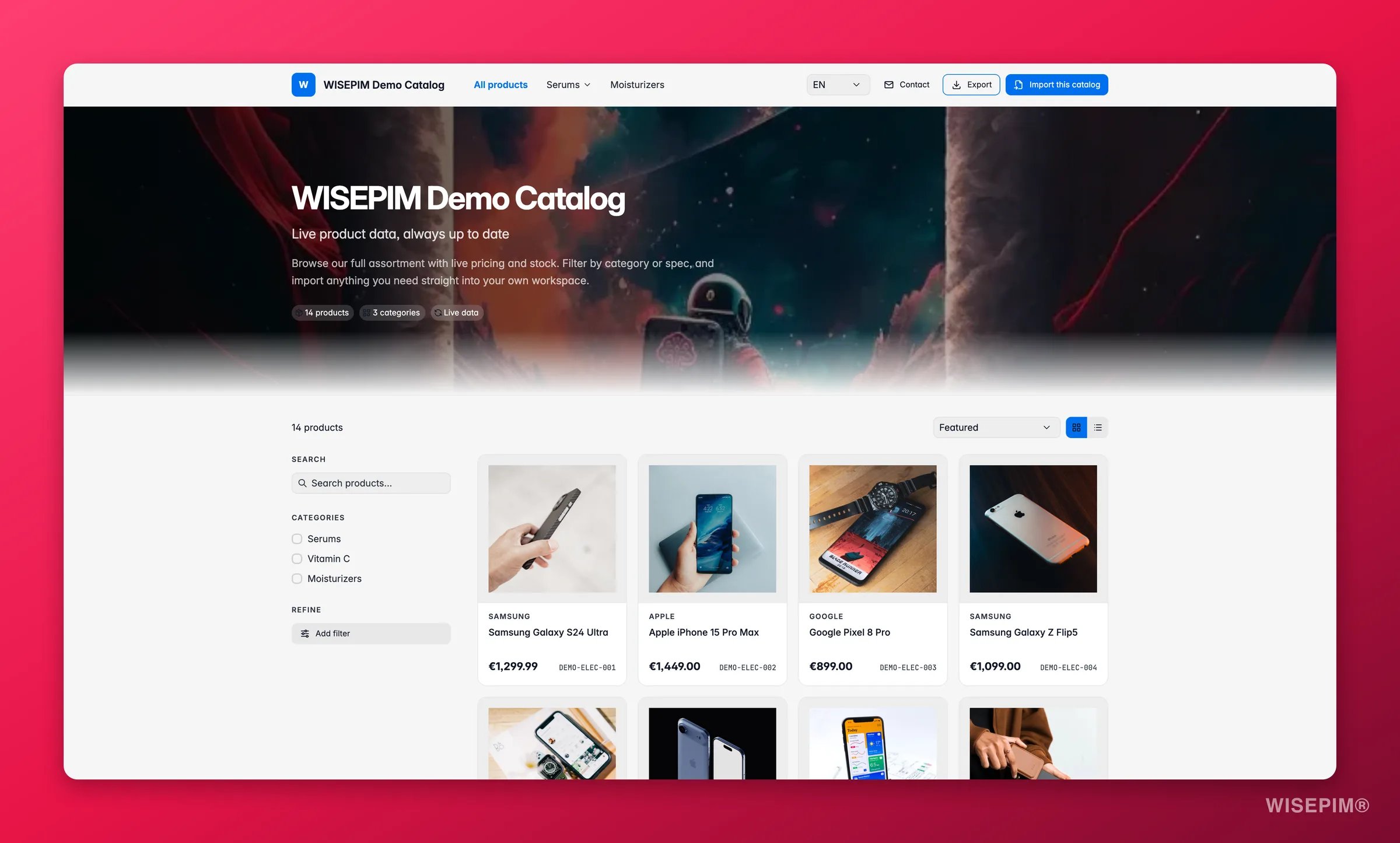 Ein öffentliches WISEPIM Brand Portal: gebrandeter, filterbarer schreibgeschützter Produktkatalog