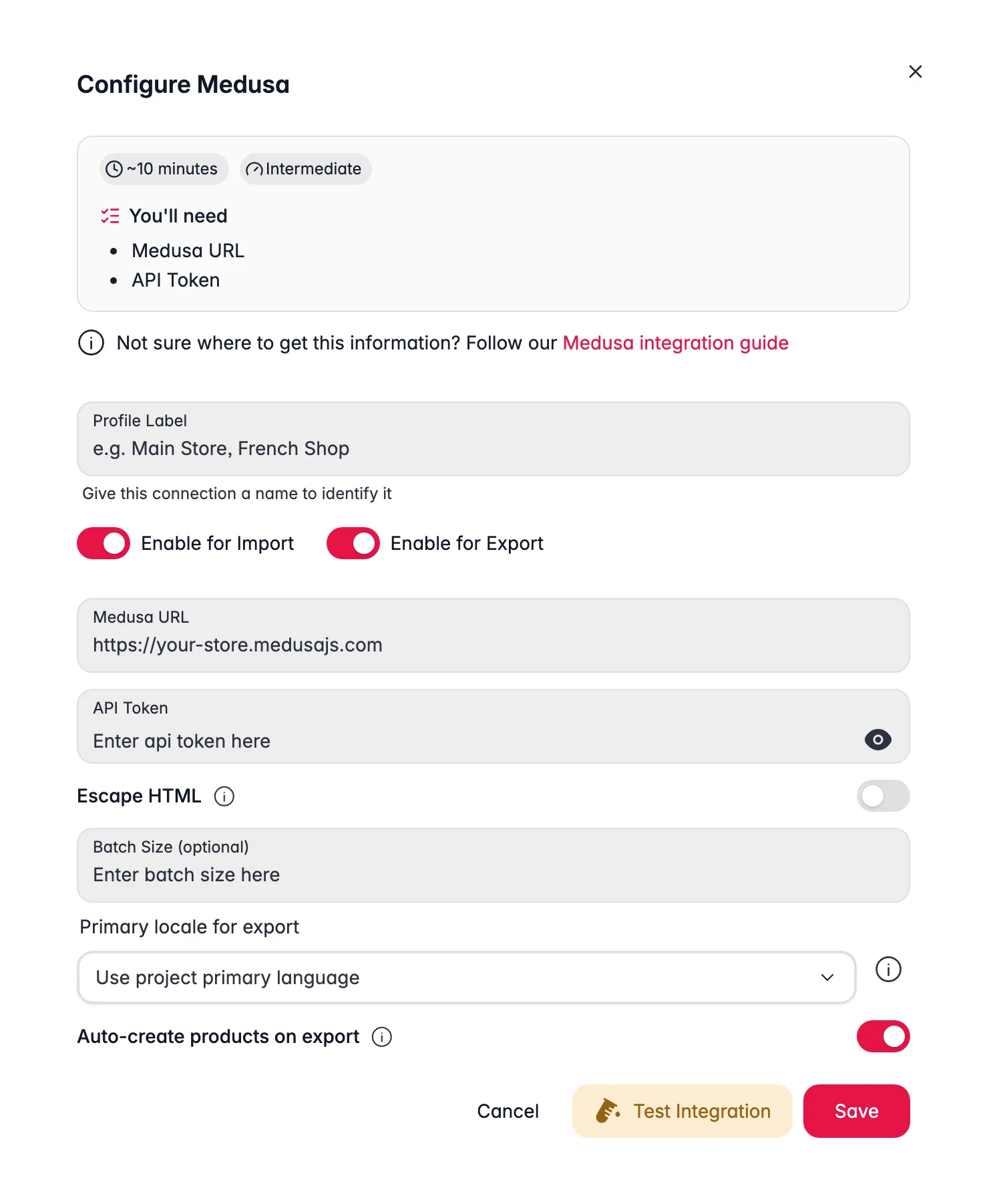 Connecting Medusa to WISEPIM, store URL, API token, locale mapping and a live connection test