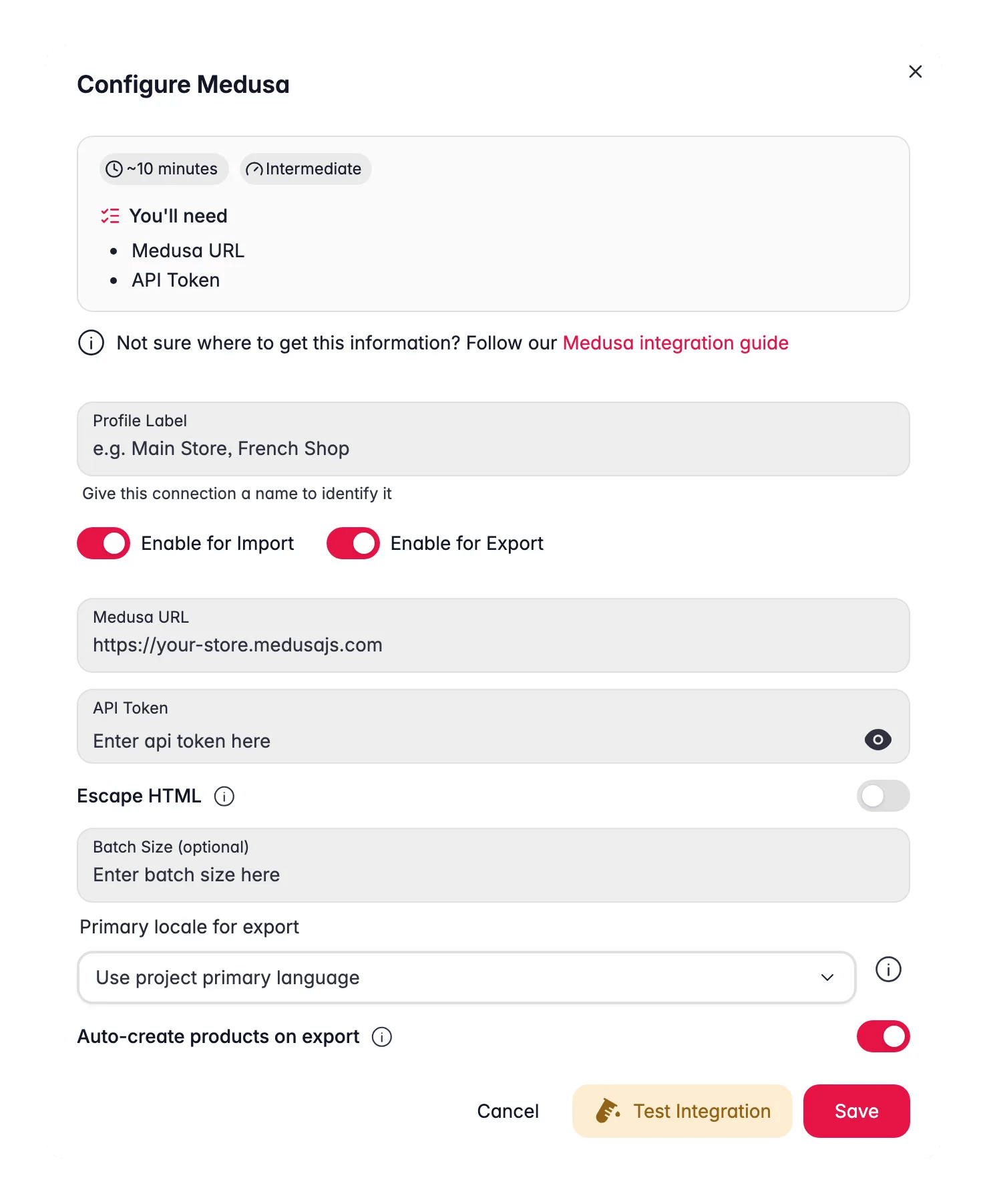 Connecting Medusa to WISEPIM, store URL, API token, locale mapping and a live connection test
