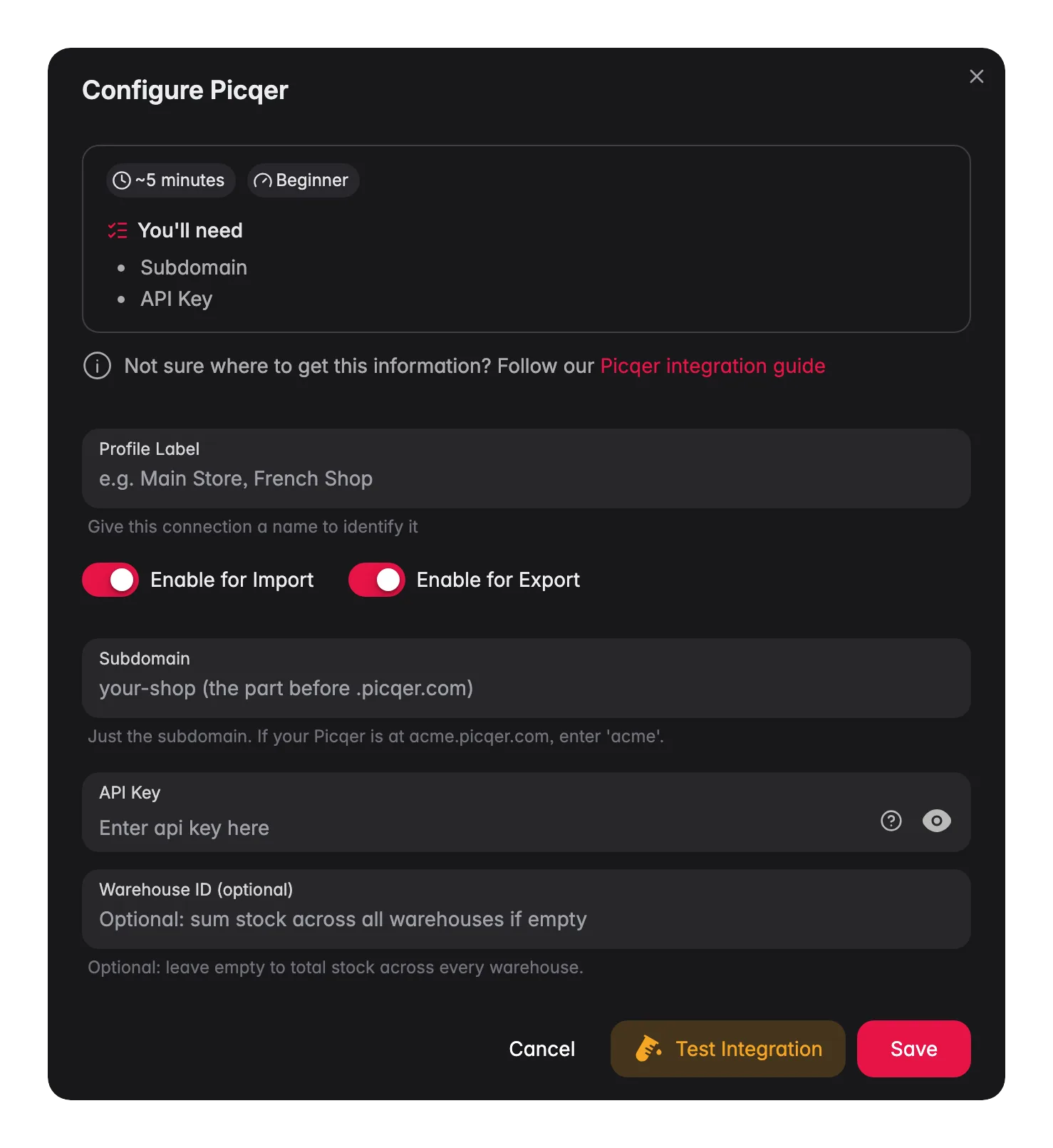 Connecting Picqer to WISEPIM, subdomain, API key, warehouse ID and a live connection test