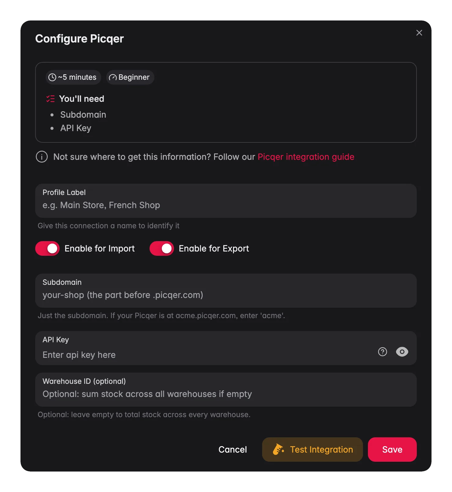 Connecting Picqer to WISEPIM, subdomain, API key, warehouse ID and a live connection test
