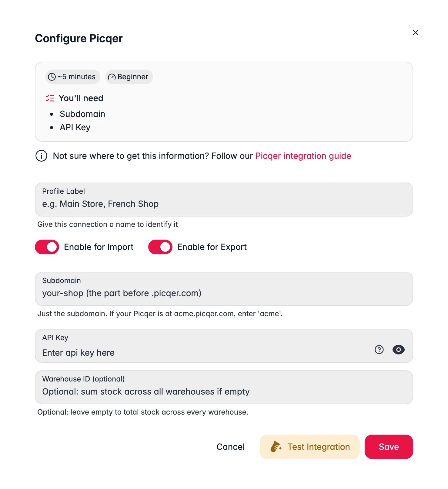Connecting Picqer to WISEPIM, subdomain, API key, warehouse ID and a live connection test