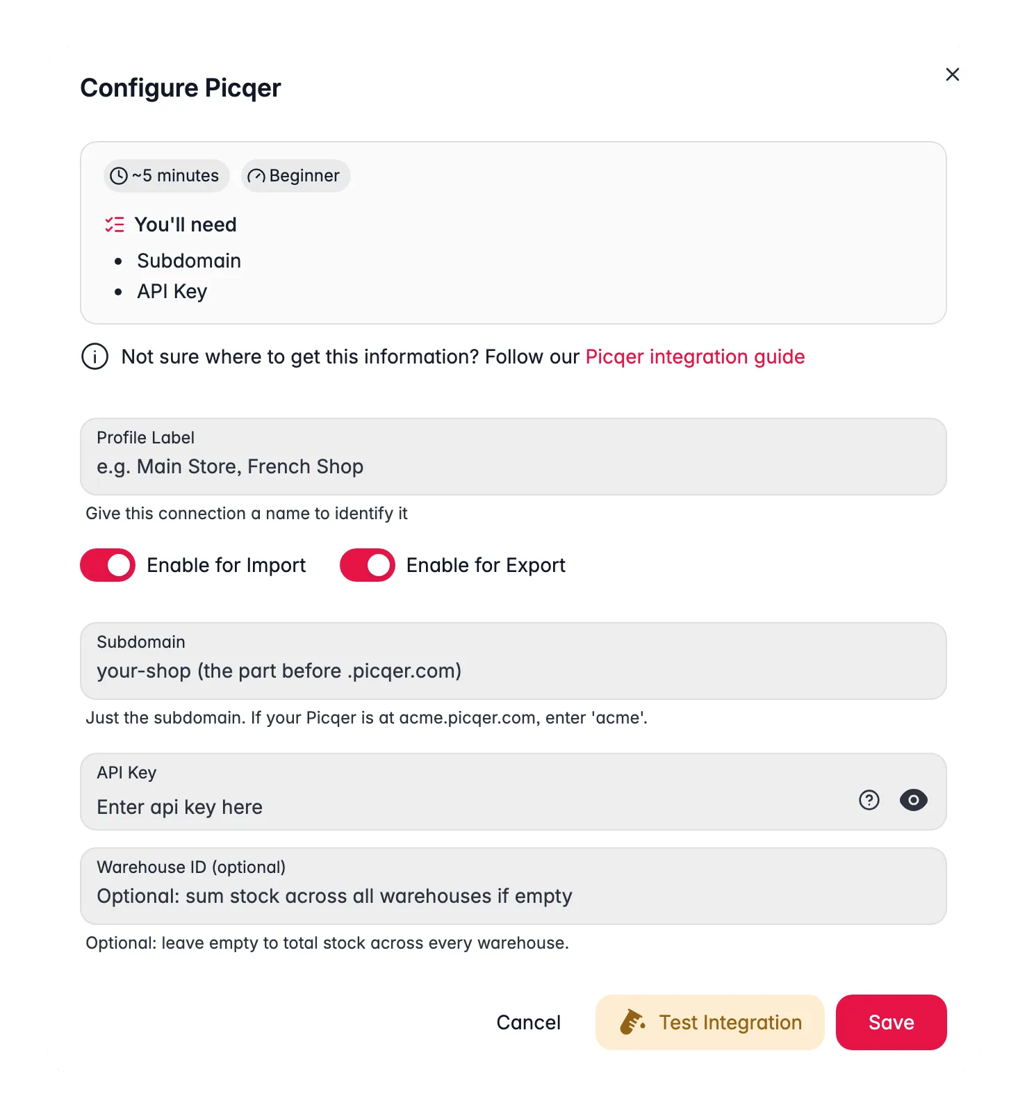 Connecting Picqer to WISEPIM, subdomain, API key, warehouse ID and a live connection test