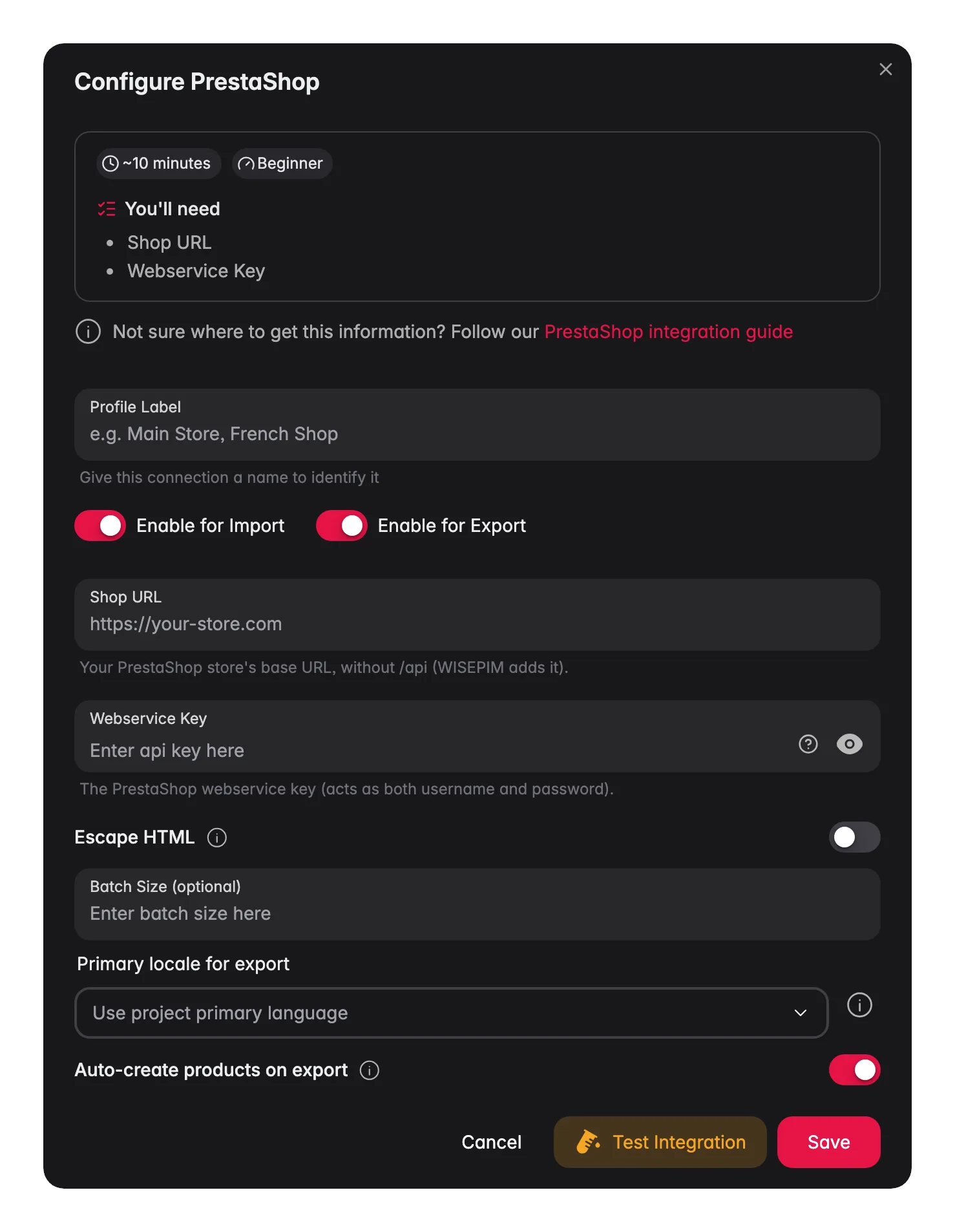 Connecting PrestaShop to WISEPIM, shop URL, webservice key, locale mapping and a live connection test
