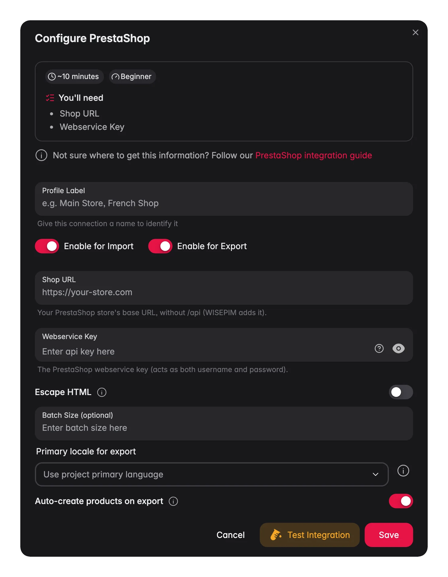 Connecting PrestaShop to WISEPIM, shop URL, webservice key, locale mapping and a live connection test