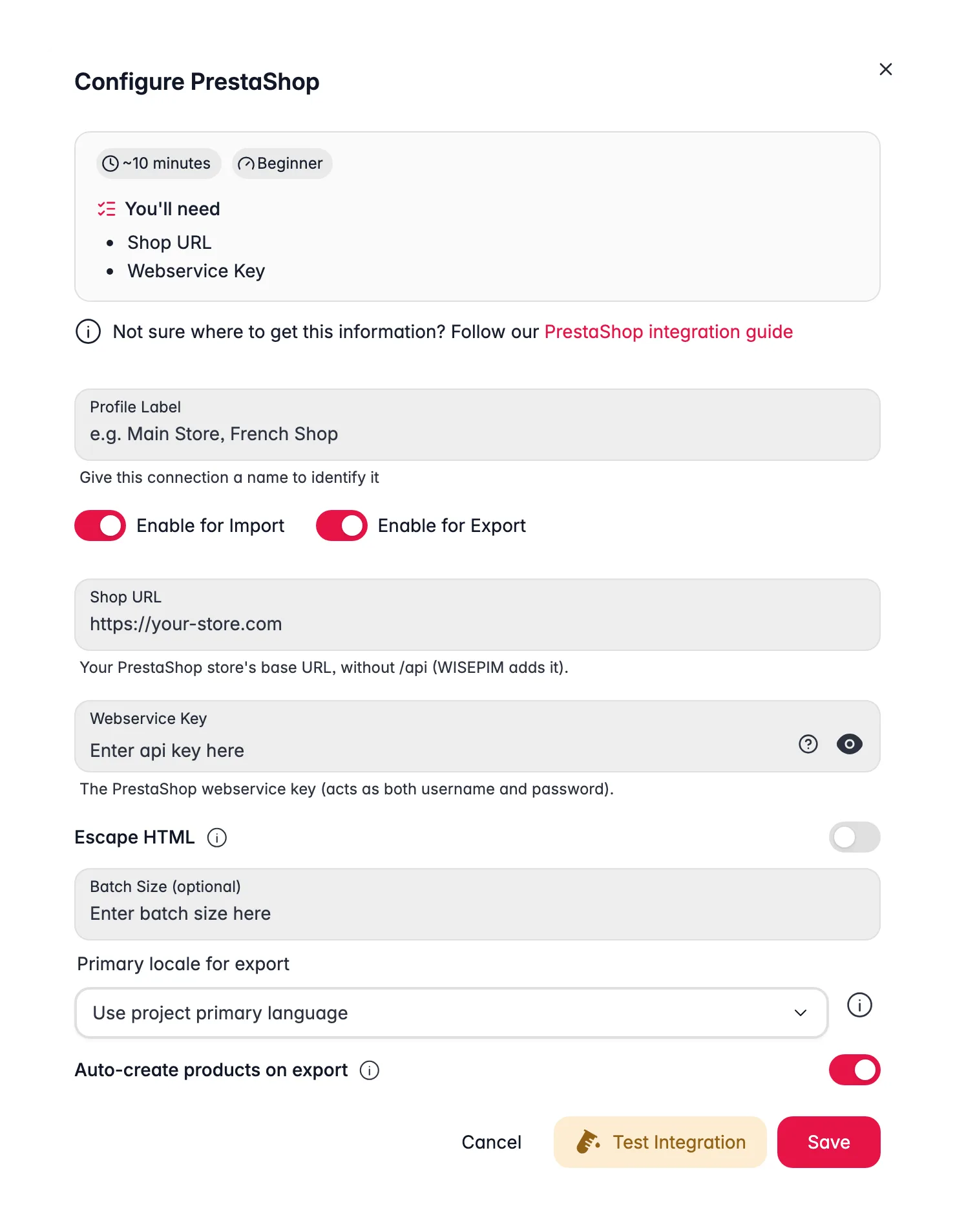 Connecting PrestaShop to WISEPIM, shop URL, webservice key, locale mapping and a live connection test