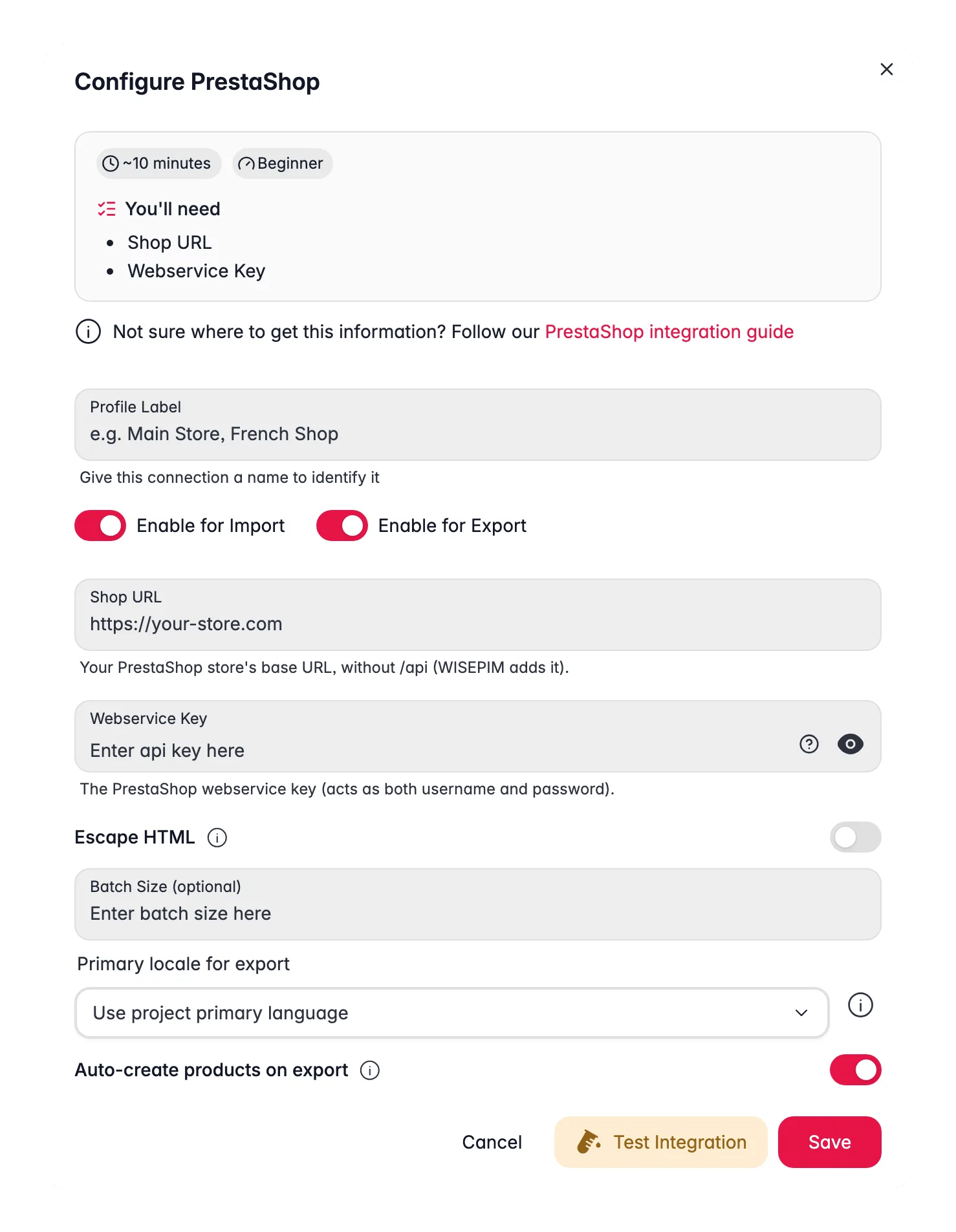 Connecting PrestaShop to WISEPIM, shop URL, webservice key, locale mapping and a live connection test