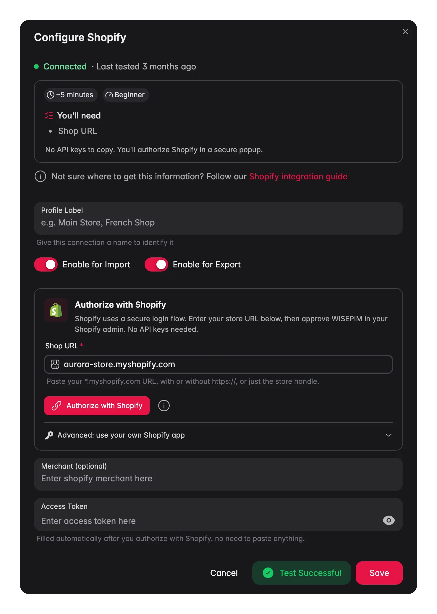 Connecting Shopify to WISEPIM, credentials, locale mapping and a live connection test