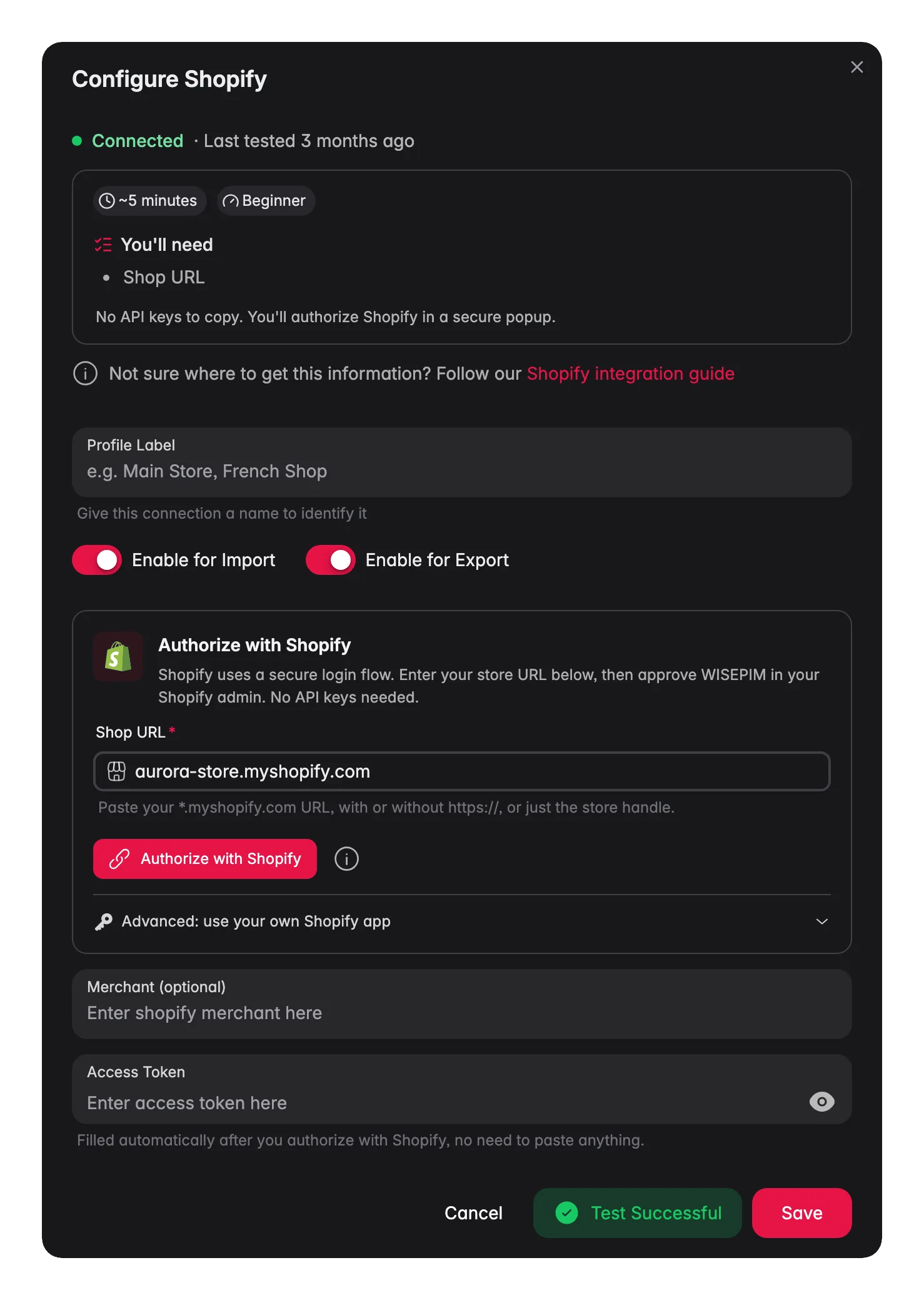 Connecting Shopify to WISEPIM, credentials, locale mapping and a live connection test