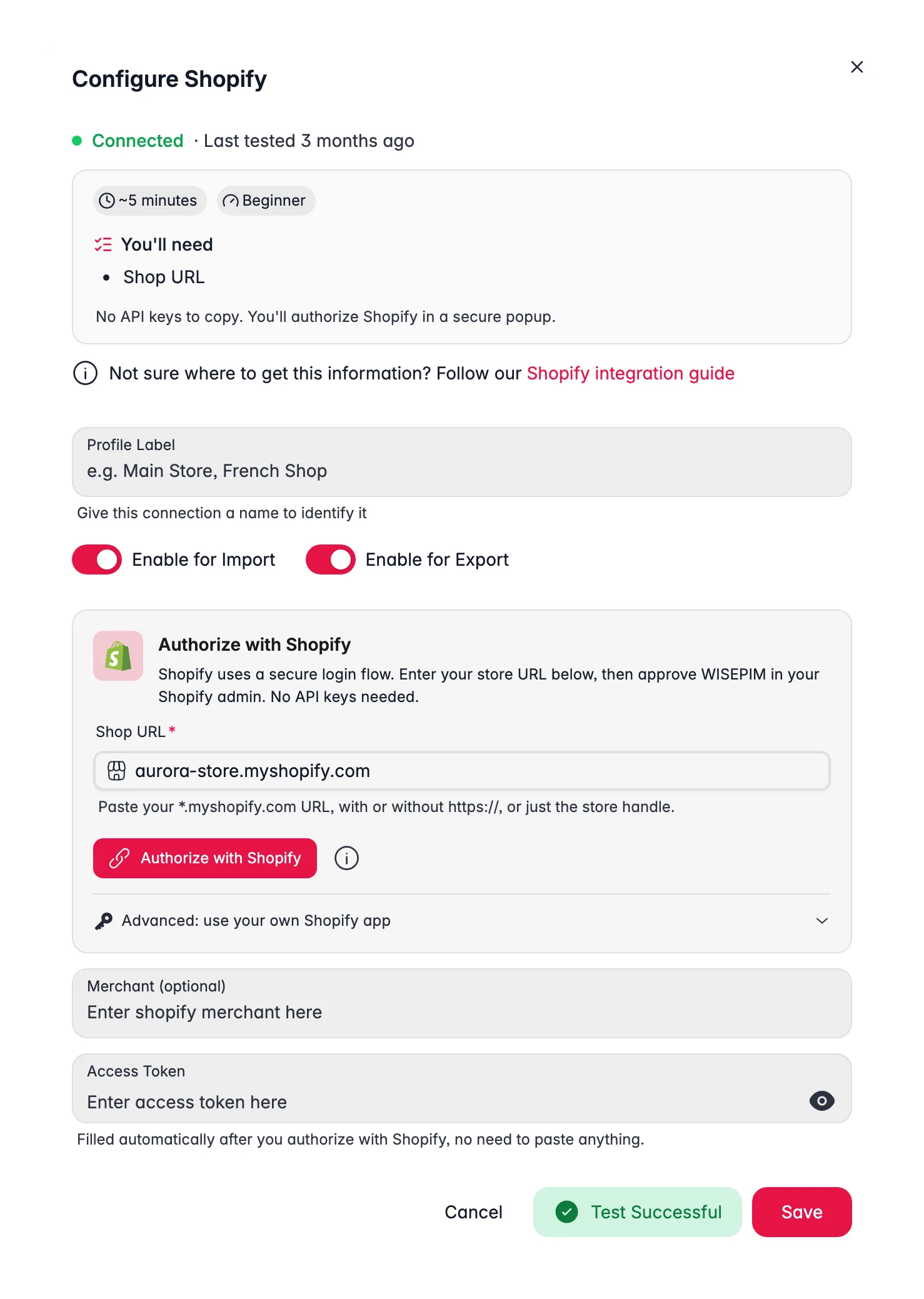 Connecting Shopify to WISEPIM, credentials, locale mapping and a live connection test
