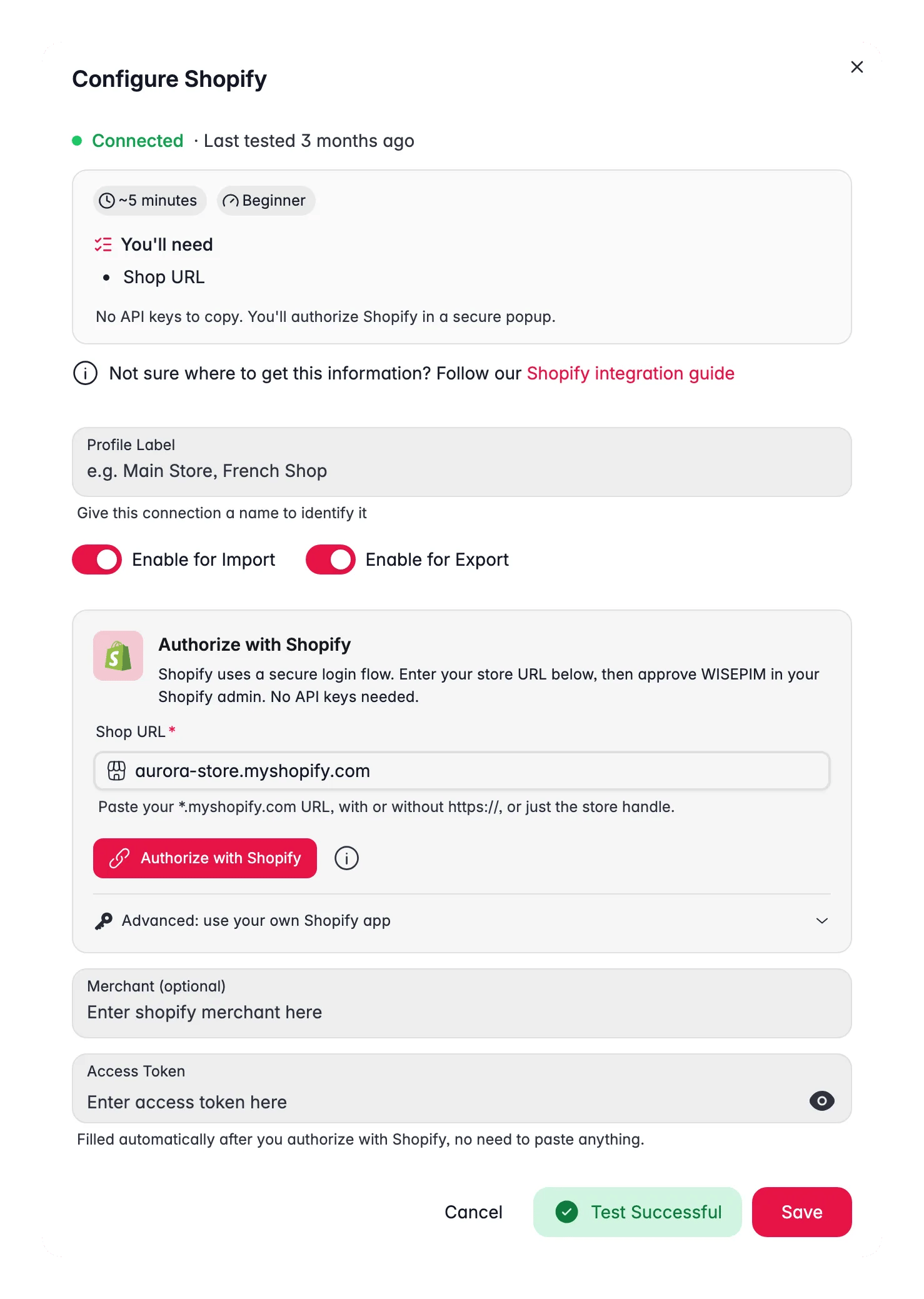 Connecting Shopify to WISEPIM, credentials, locale mapping and a live connection test