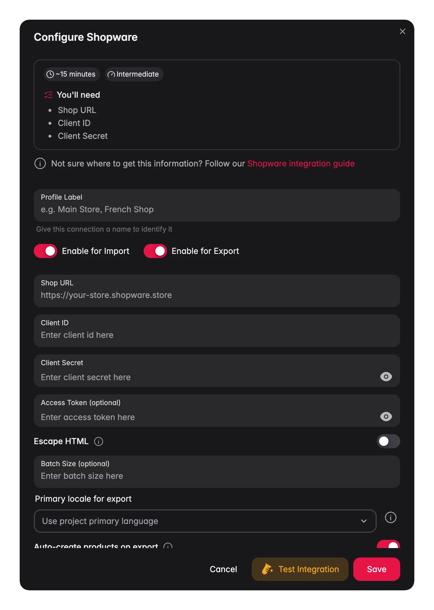 Connecting Shopware to WISEPIM, shop URL, client credentials, locale mapping and a live connection test