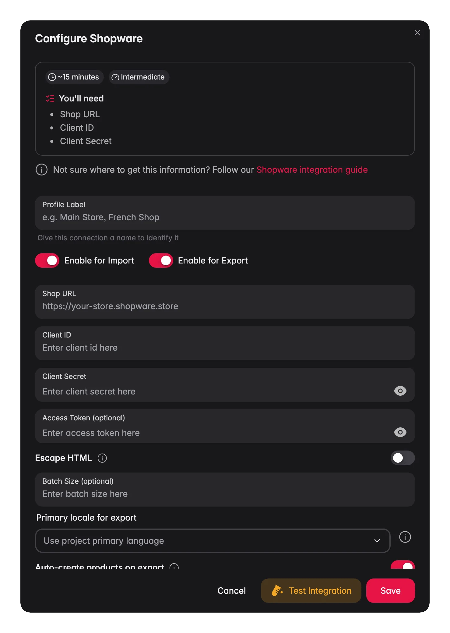Connecting Shopware to WISEPIM, shop URL, client credentials, locale mapping and a live connection test