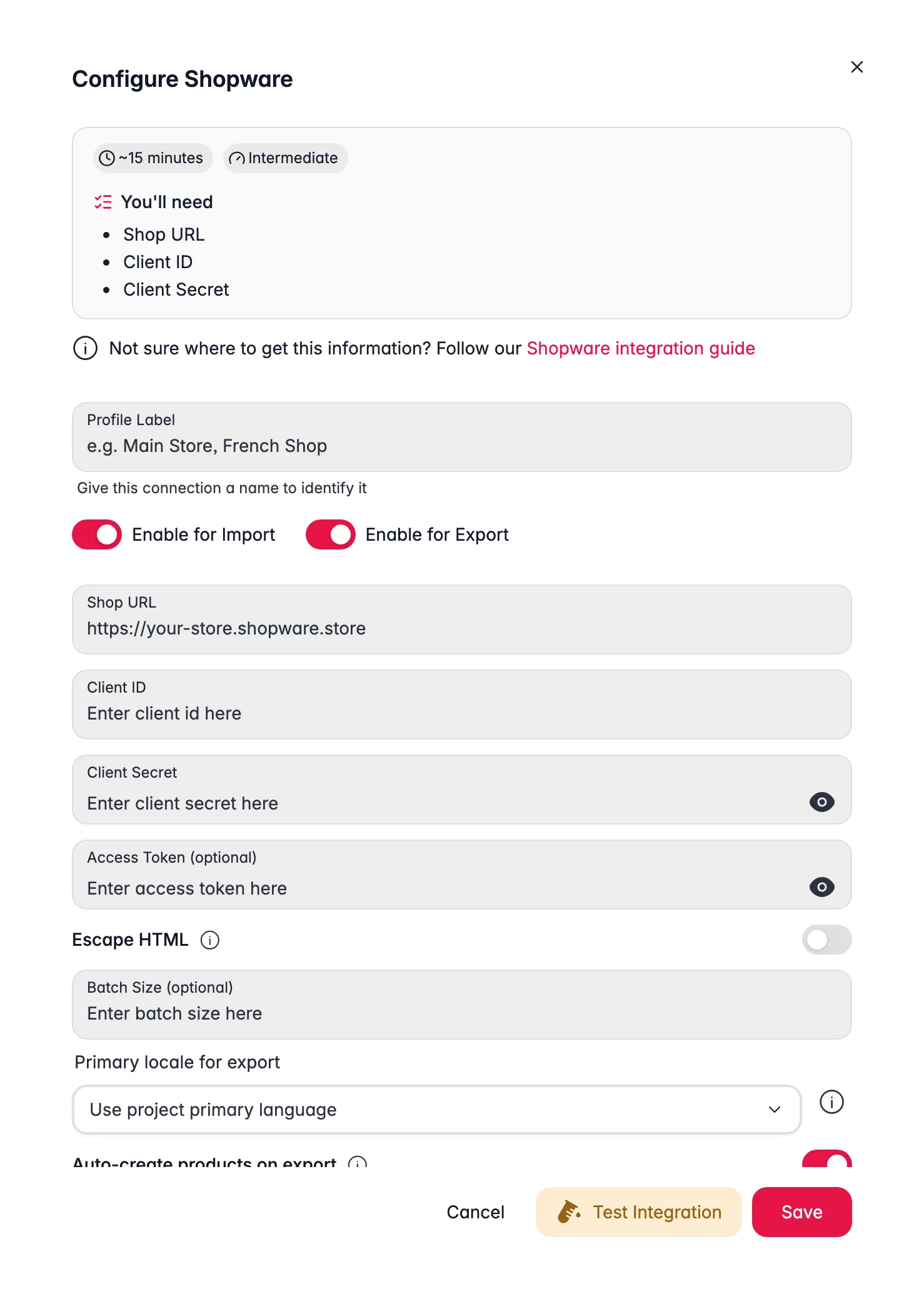 Connecting Shopware to WISEPIM, shop URL, client credentials, locale mapping and a live connection test