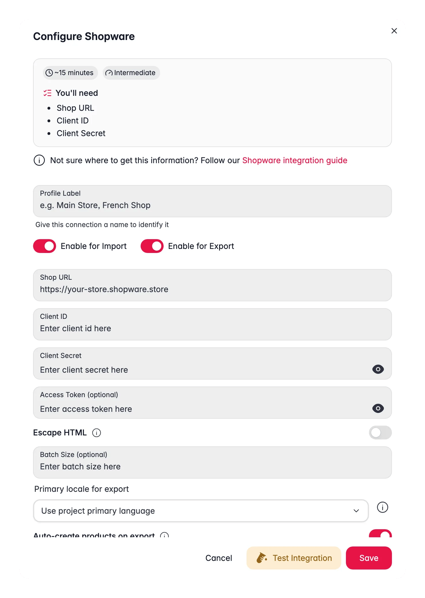 Connecting Shopware to WISEPIM, shop URL, client credentials, locale mapping and a live connection test
