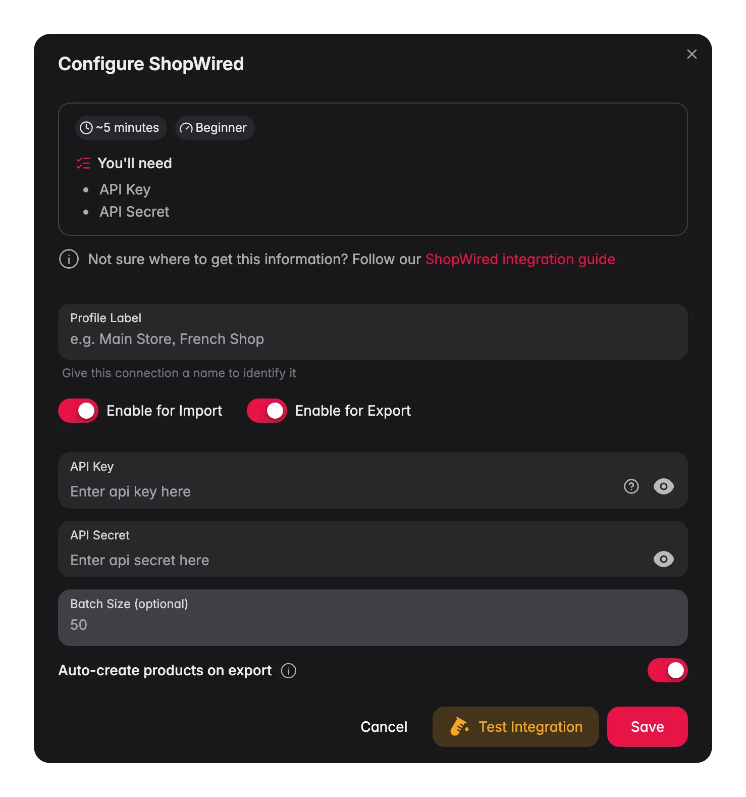 Configure ShopWired in WISEPIM with a profile label, import and export toggles, API key and secret, batch size and auto-create on export
