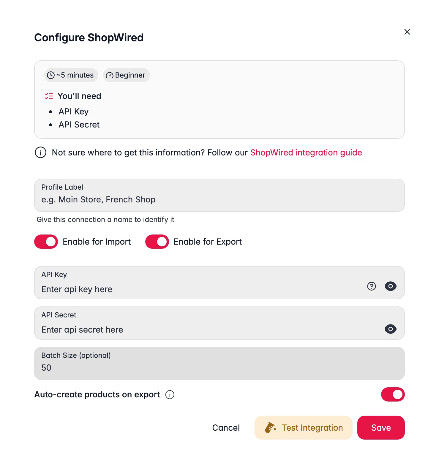 Configure ShopWired in WISEPIM with a profile label, import and export toggles, API key and secret, batch size and auto-create on export