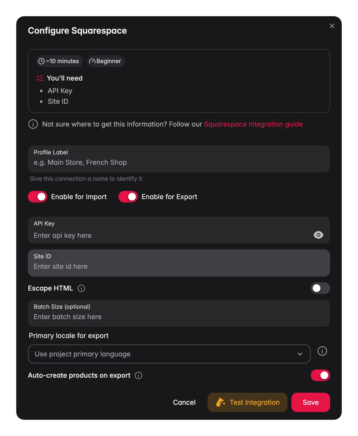 Connecting Squarespace to WISEPIM, API key, site ID and a live connection test