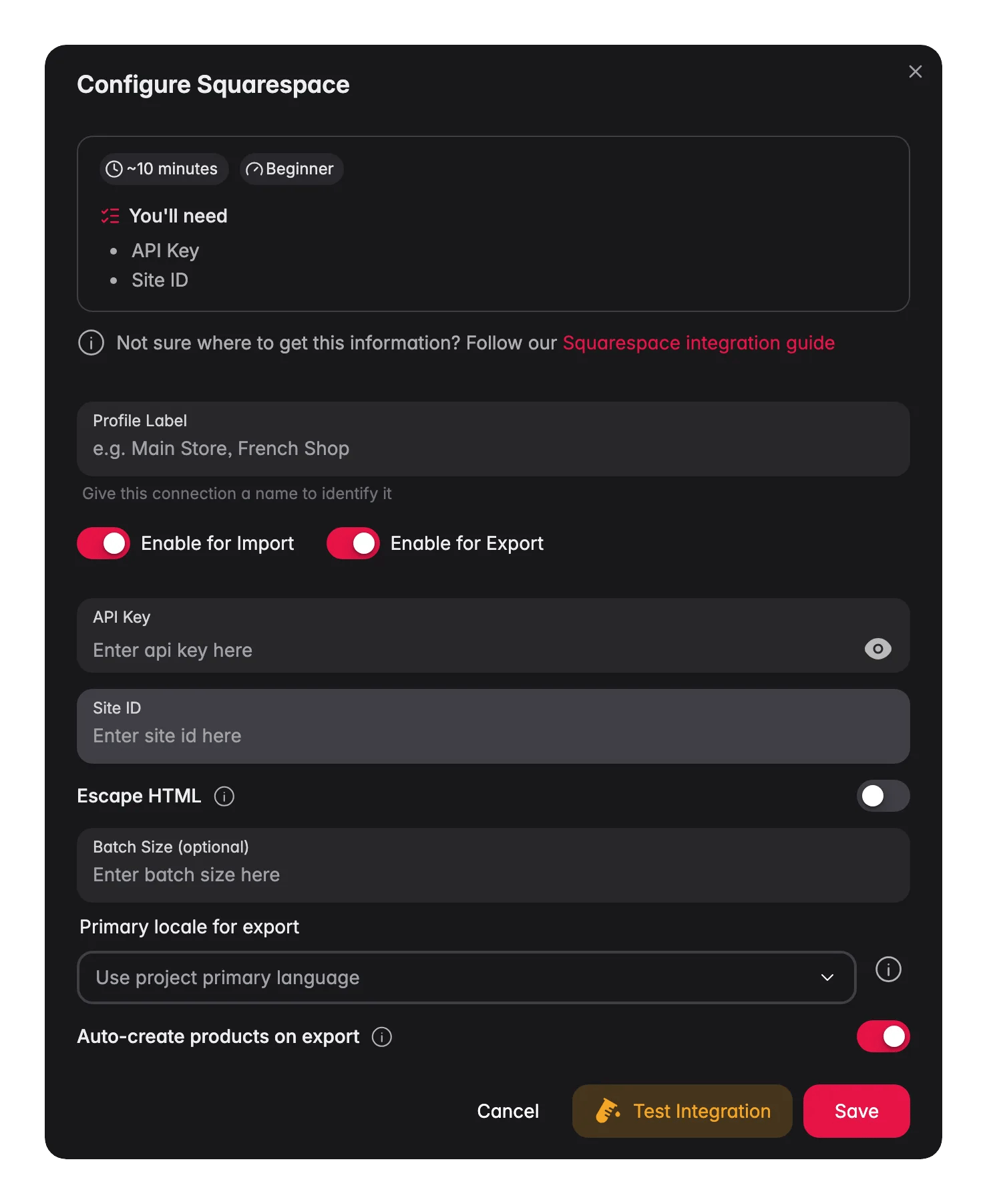 Connecting Squarespace to WISEPIM, API key, site ID and a live connection test