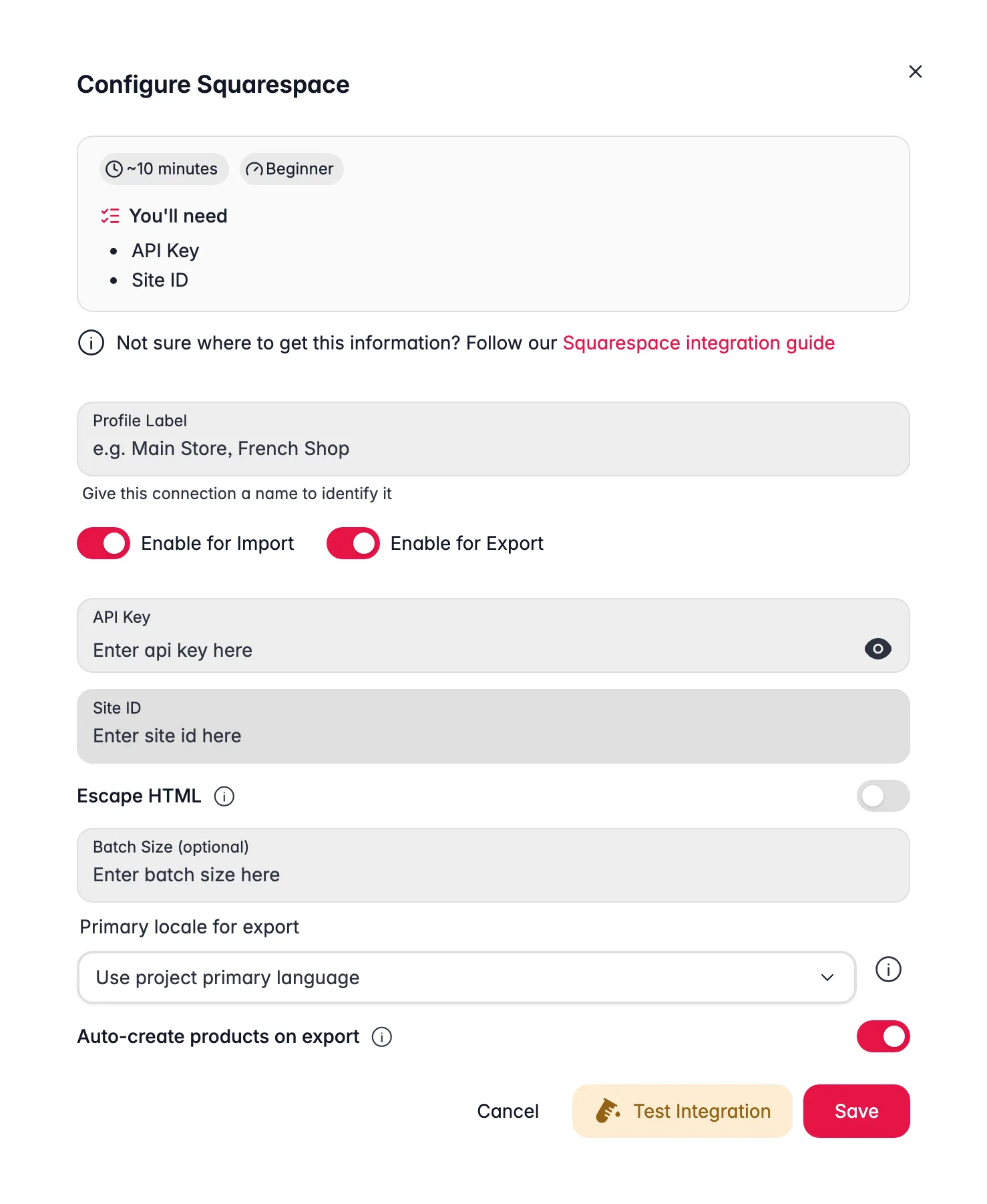 Connecting Squarespace to WISEPIM, API key, site ID and a live connection test