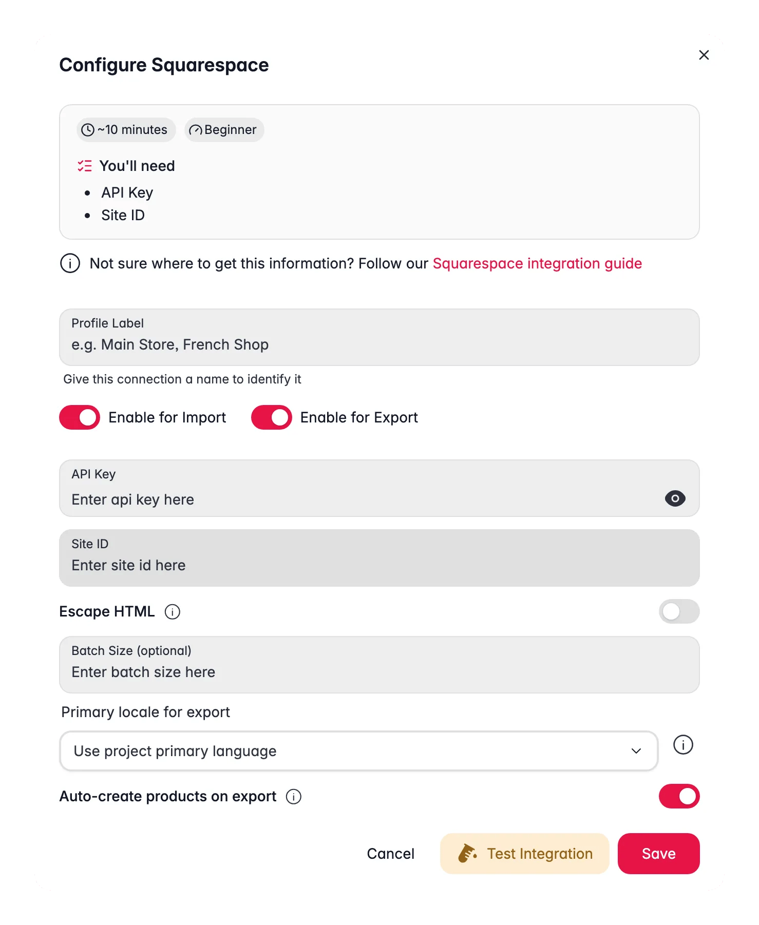 Connecting Squarespace to WISEPIM, API key, site ID and a live connection test
