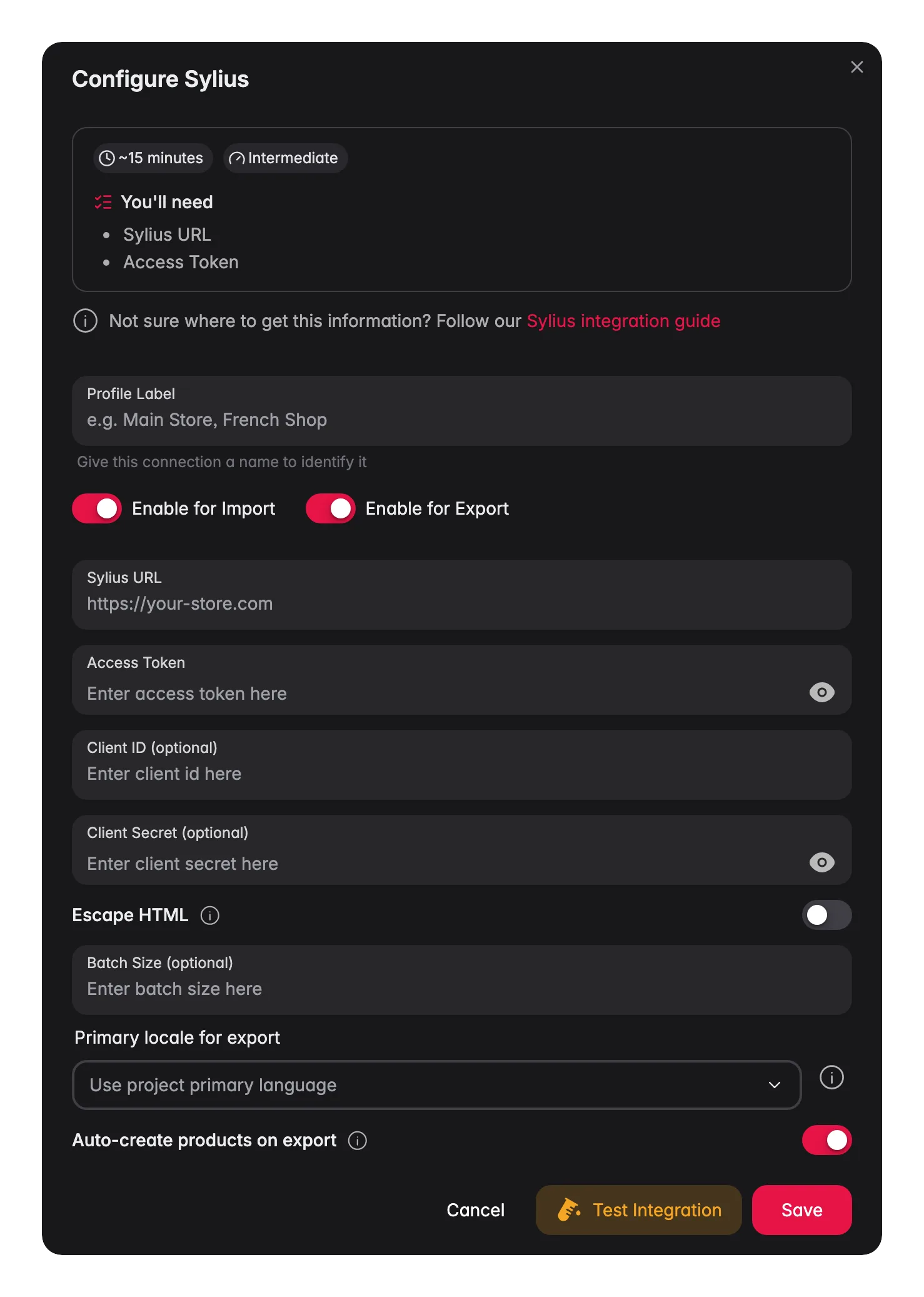 Connecting Sylius to WISEPIM, store URL, access token, locale mapping and a live connection test