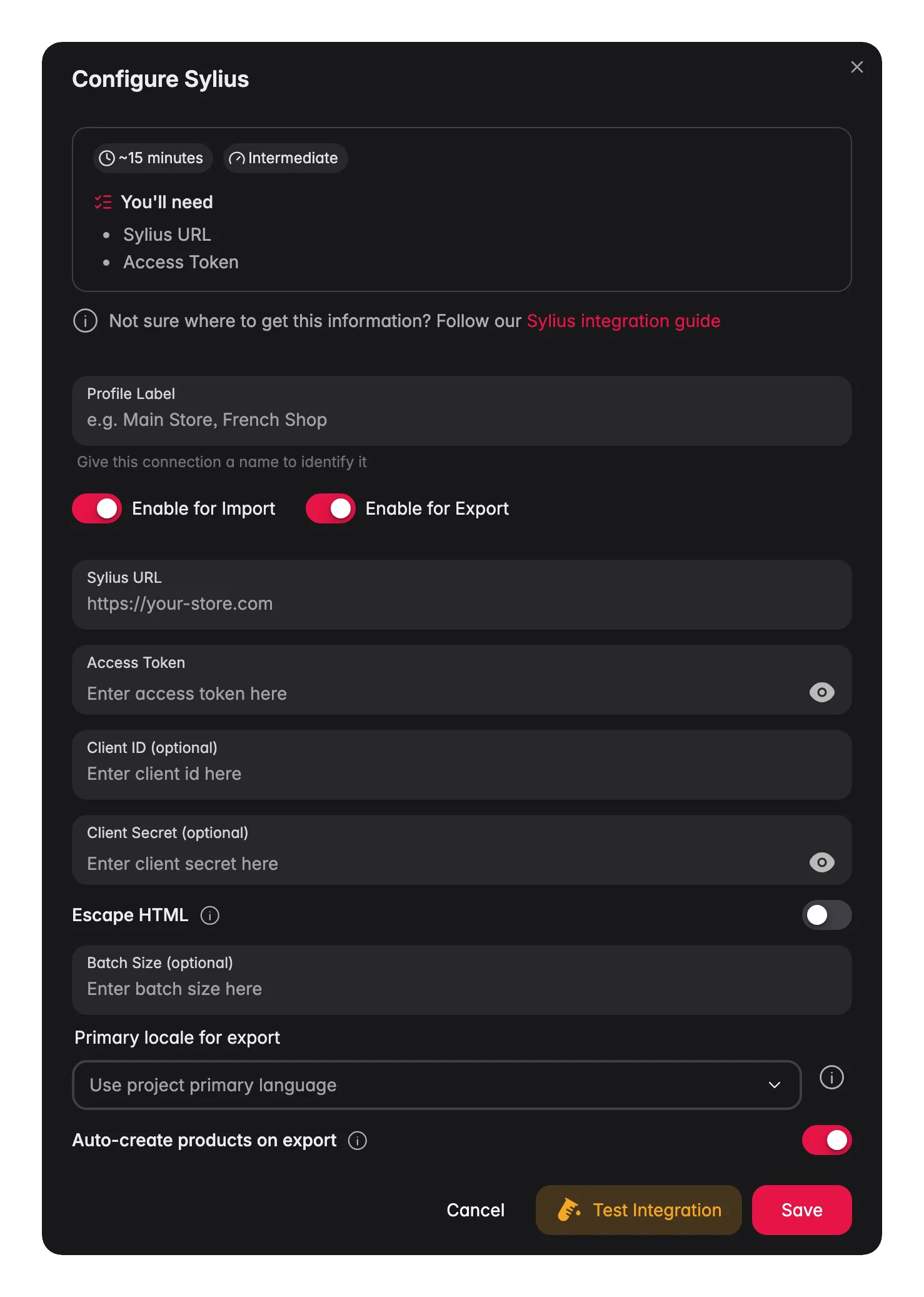 Connecting Sylius to WISEPIM, store URL, access token, locale mapping and a live connection test