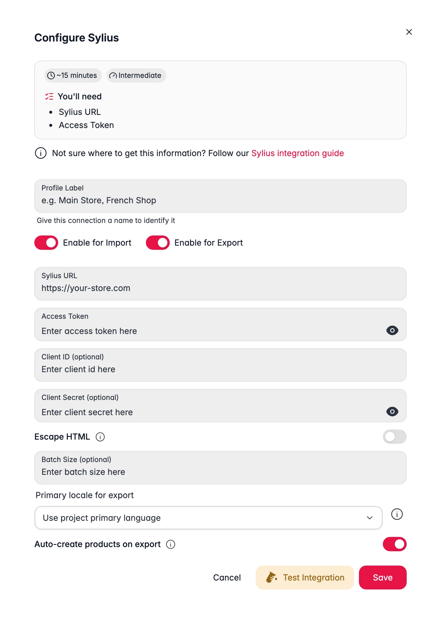 Connecting Sylius to WISEPIM, store URL, access token, locale mapping and a live connection test
