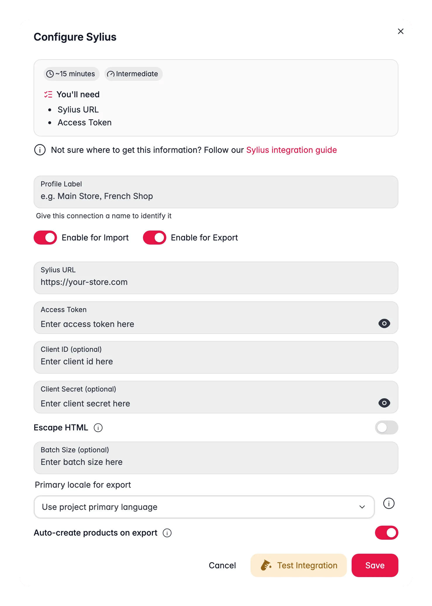 Connecting Sylius to WISEPIM, store URL, access token, locale mapping and a live connection test