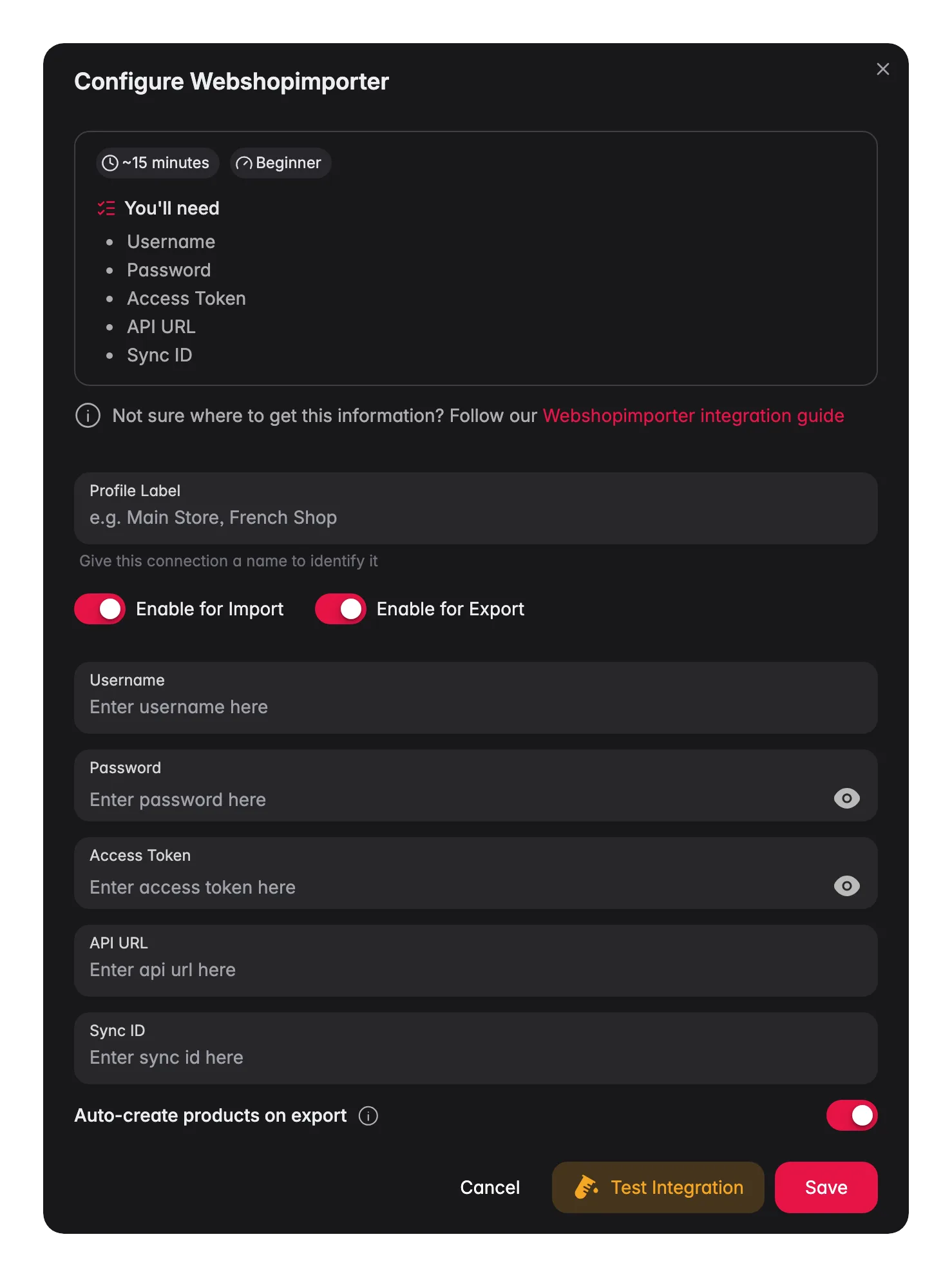 Connecting Webshopimporter to WISEPIM, credentials, locale mapping and a live connection test