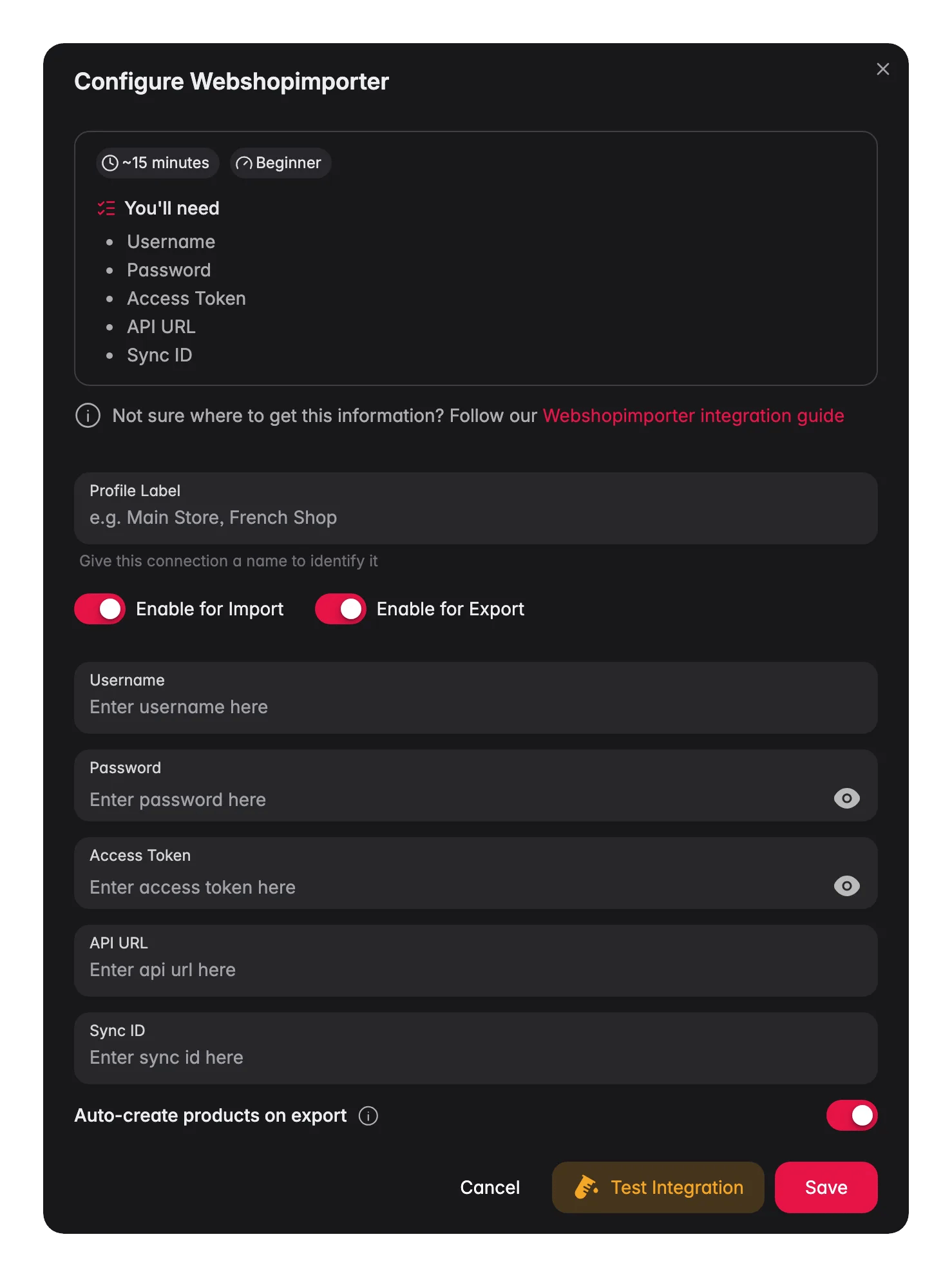 Connecting Webshopimporter to WISEPIM, credentials, locale mapping and a live connection test