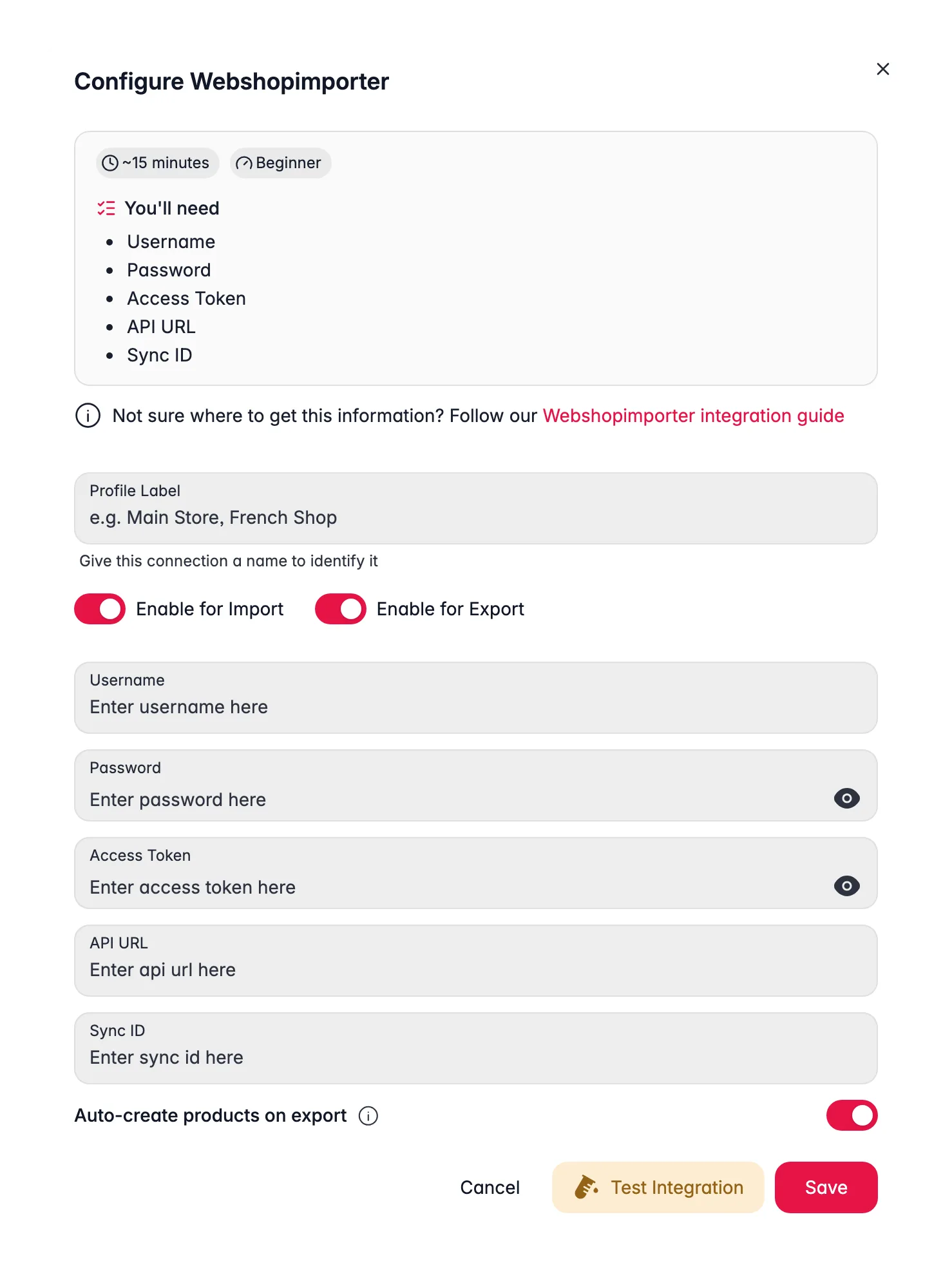 Connecting Webshopimporter to WISEPIM, credentials, locale mapping and a live connection test