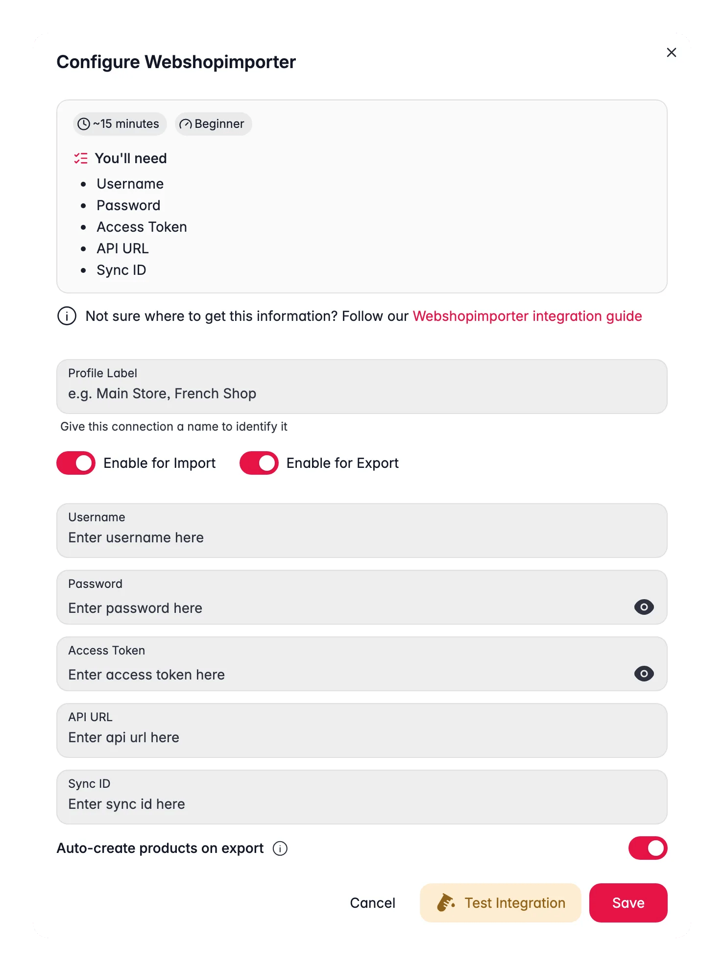 Connecting Webshopimporter to WISEPIM, credentials, locale mapping and a live connection test
