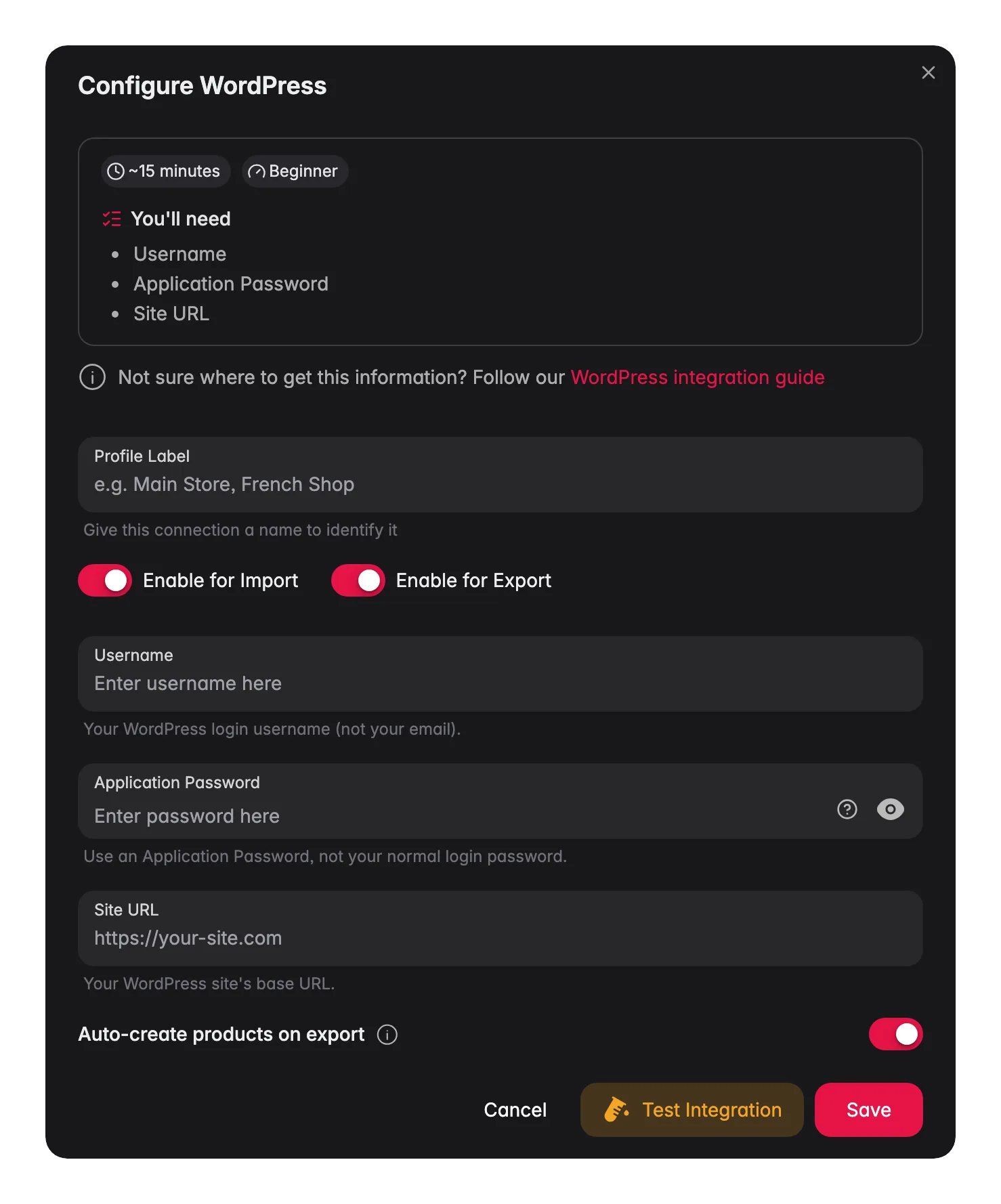 Connecting WordPress to WISEPIM, username, application password, site URL and a live connection test